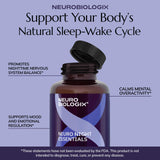 Neurobiologix Neuro Night Essentials, cápsulas-en-manos, consumo suave antes de dormir.