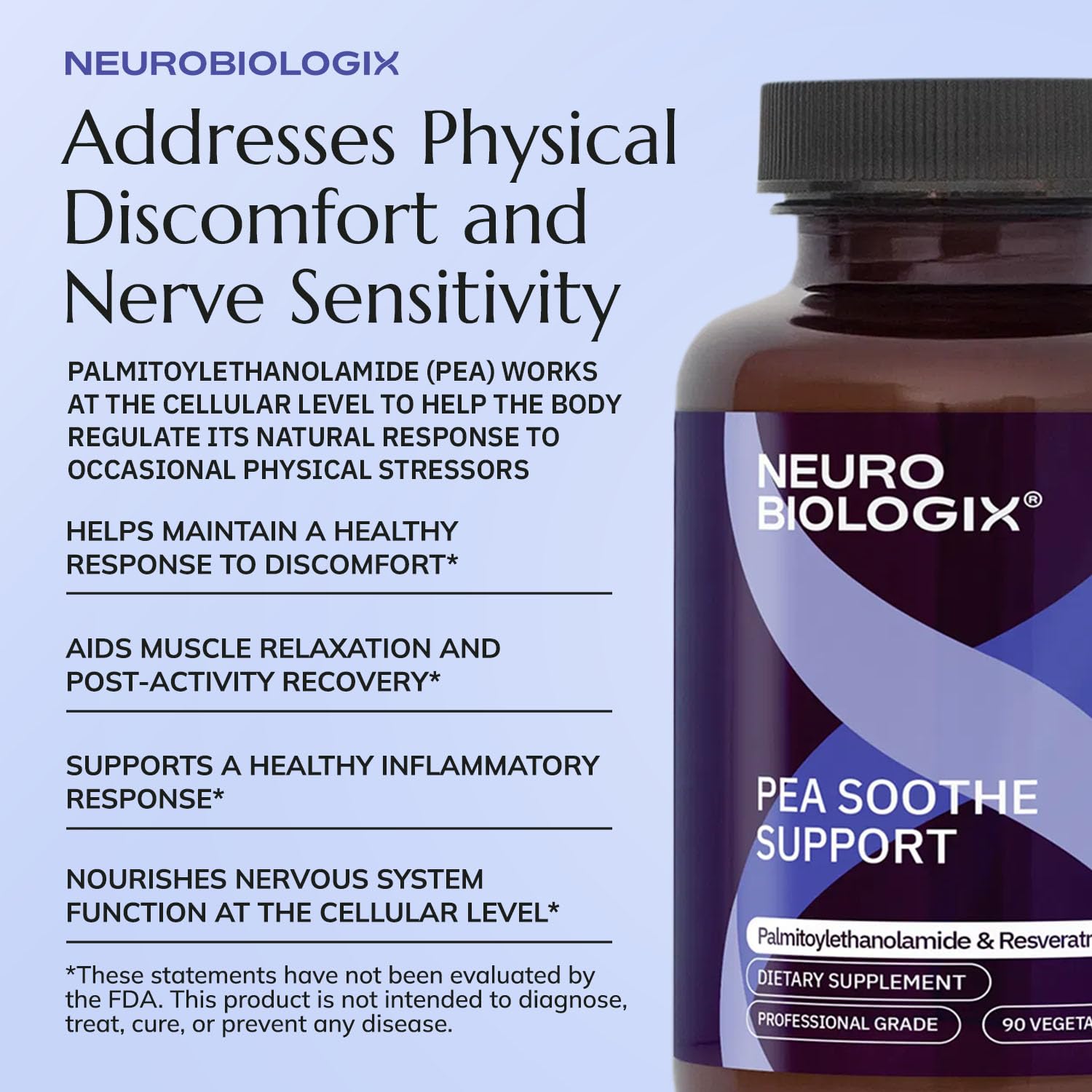 Neurobiologix Pea Soothe: cápsulas en mesa, fácil dosificación para rutina diaria.