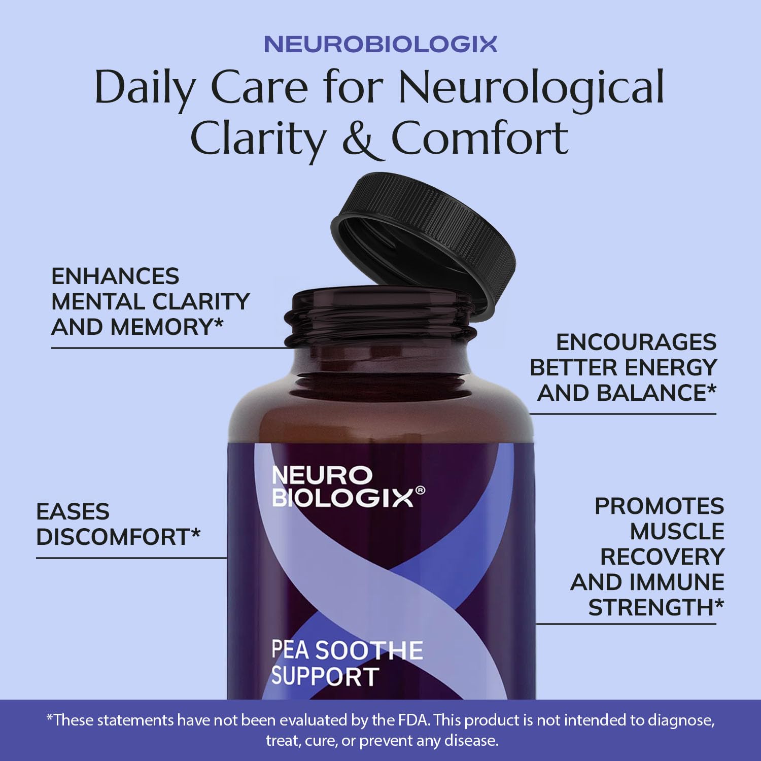 Neurobiologix Pea Soothe: etiqueta de producto, libre de gluten y OGM.