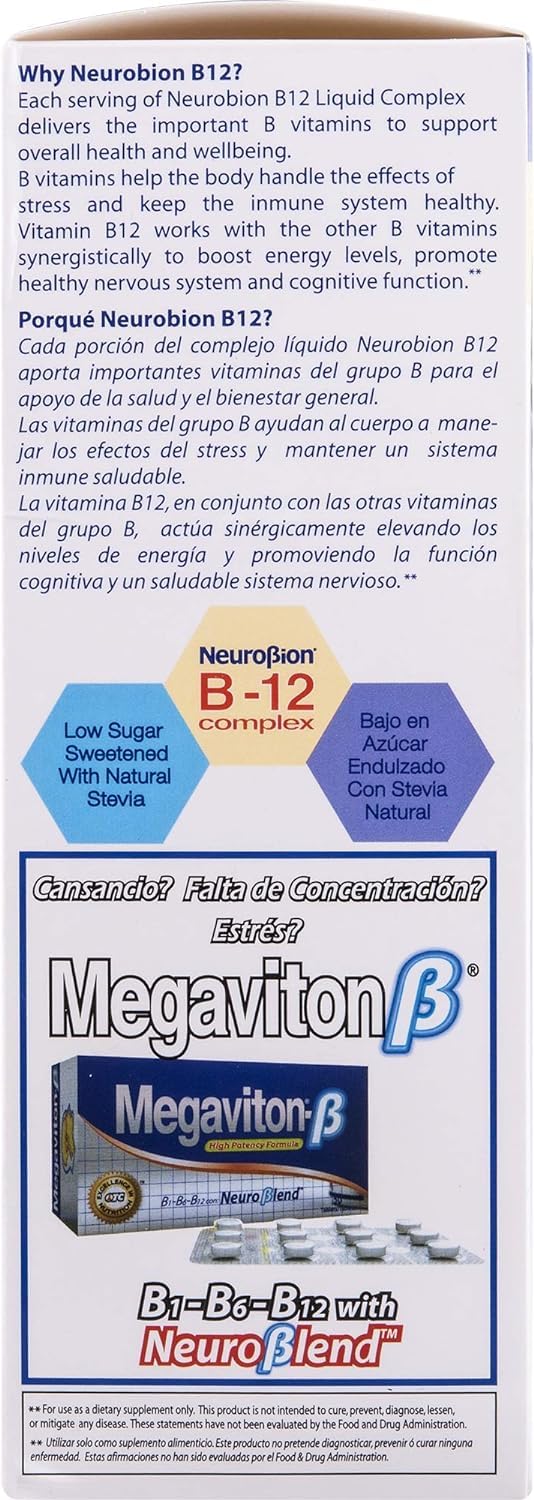 Neurobion B12 líquido cítrico, etiqueta trasera, apoyo a la función nerviosa