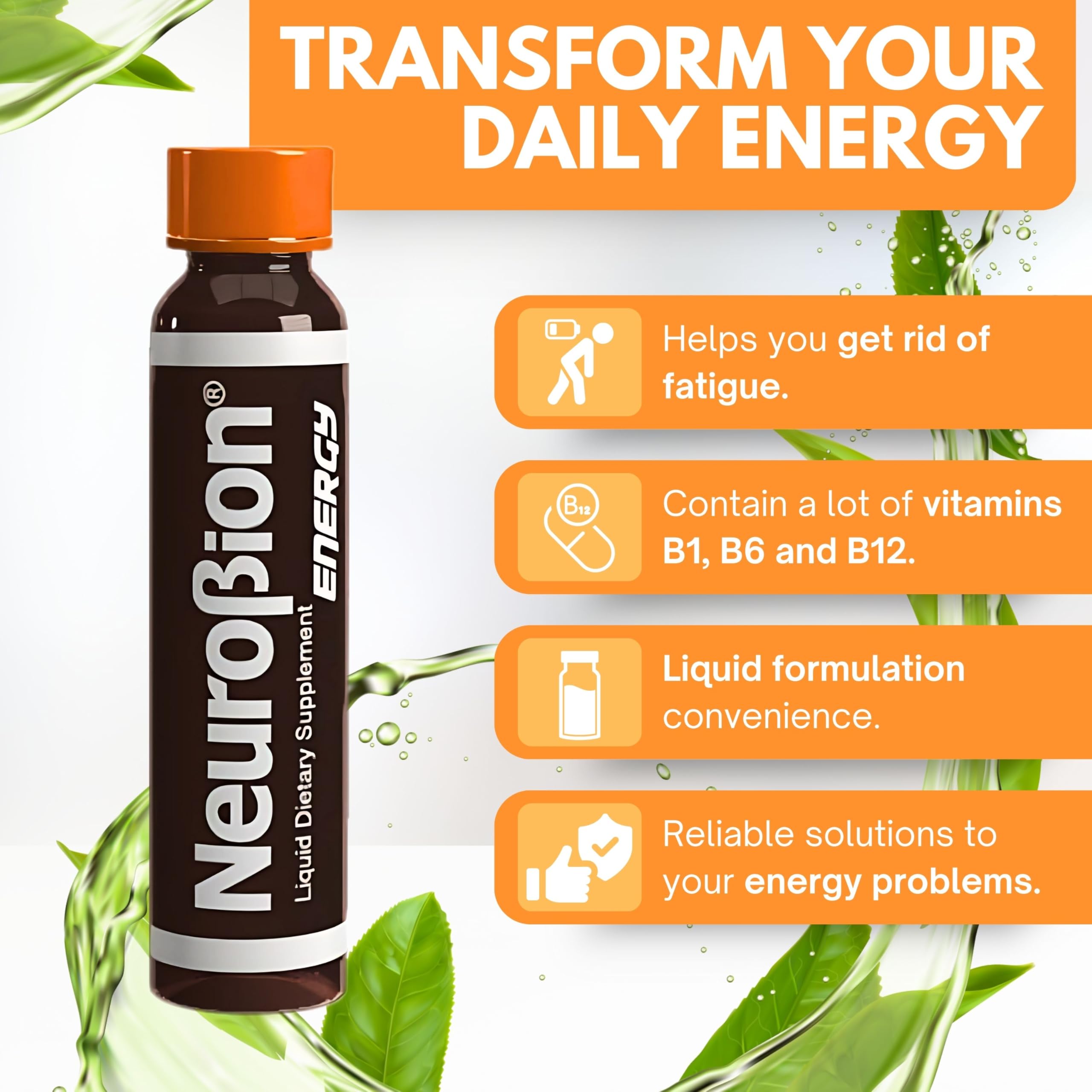 Neurobion Energía Líquida, etiqueta clara con vitaminas y cafeína.