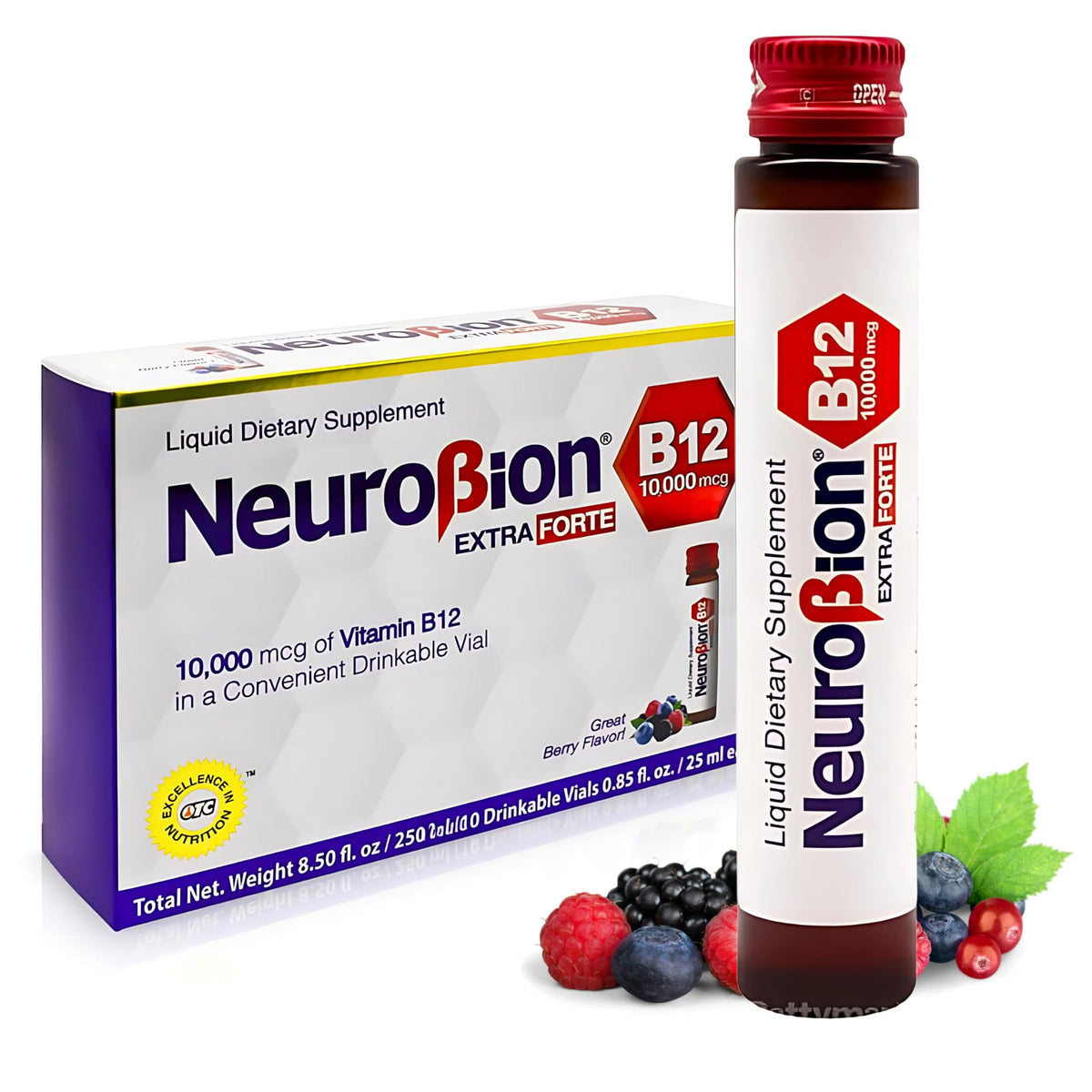 Neurobion Extra Forte B12 10.000 mcg por vial, etiqueta legible para revisar contenido