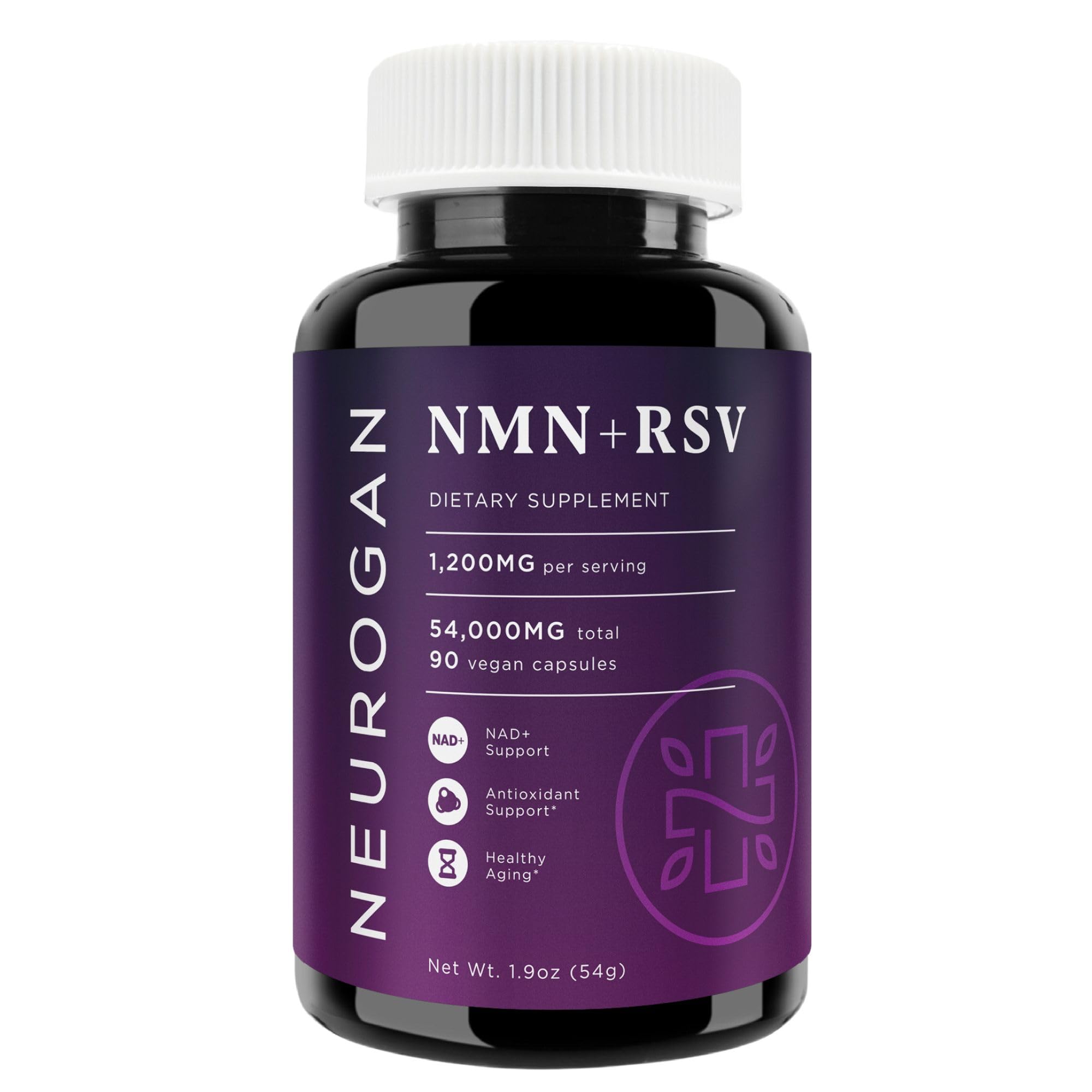 Neurogan NMN + Resveratrol cápsulas en bote, apoyo a energía diaria.