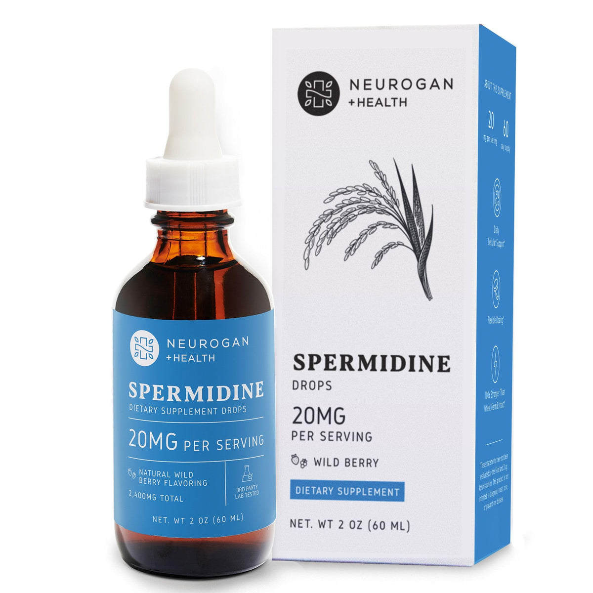 Neurogan Spermidina botella de 60 ml para uso diario y dosificación fácil.