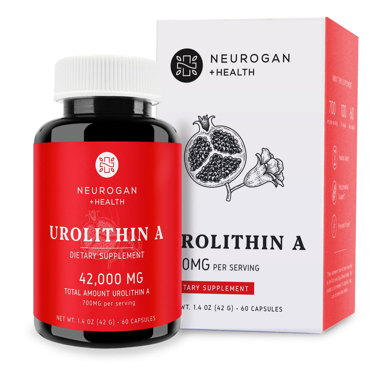Neurogan Urolithin A: cápsulas sobre la botella, posible apoyo a la salud celular diaria.