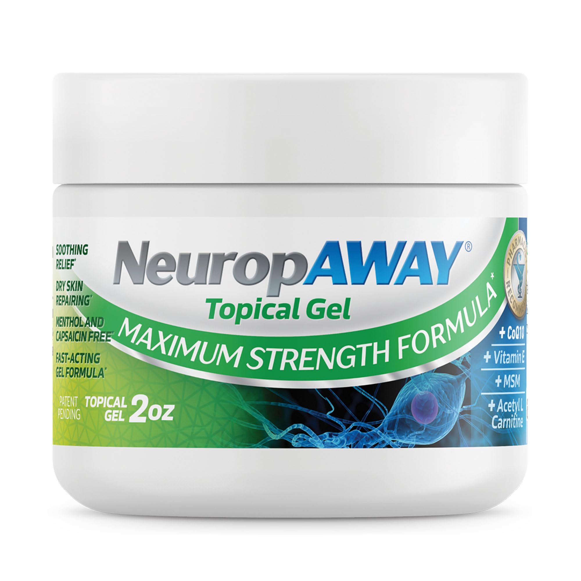 NeuropAWAY Maximum Strength Gel, bote 2 onzas, alivio suave para molestias nerviosas.