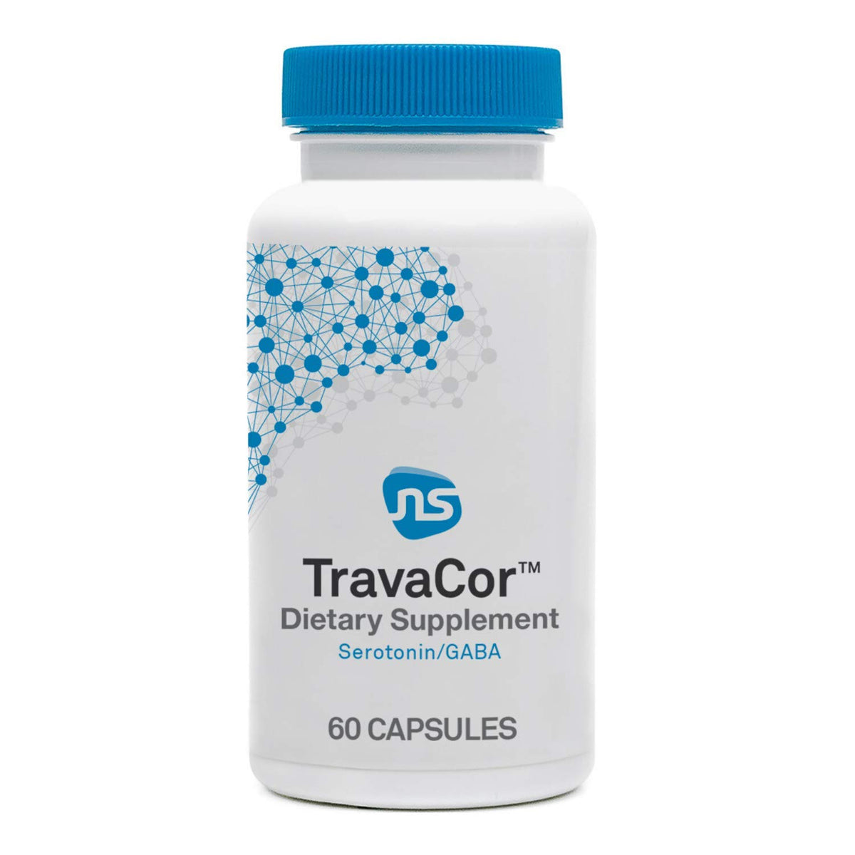 NeuroScience TravaCor, botella de cápsulas para apoyo emocional diario.