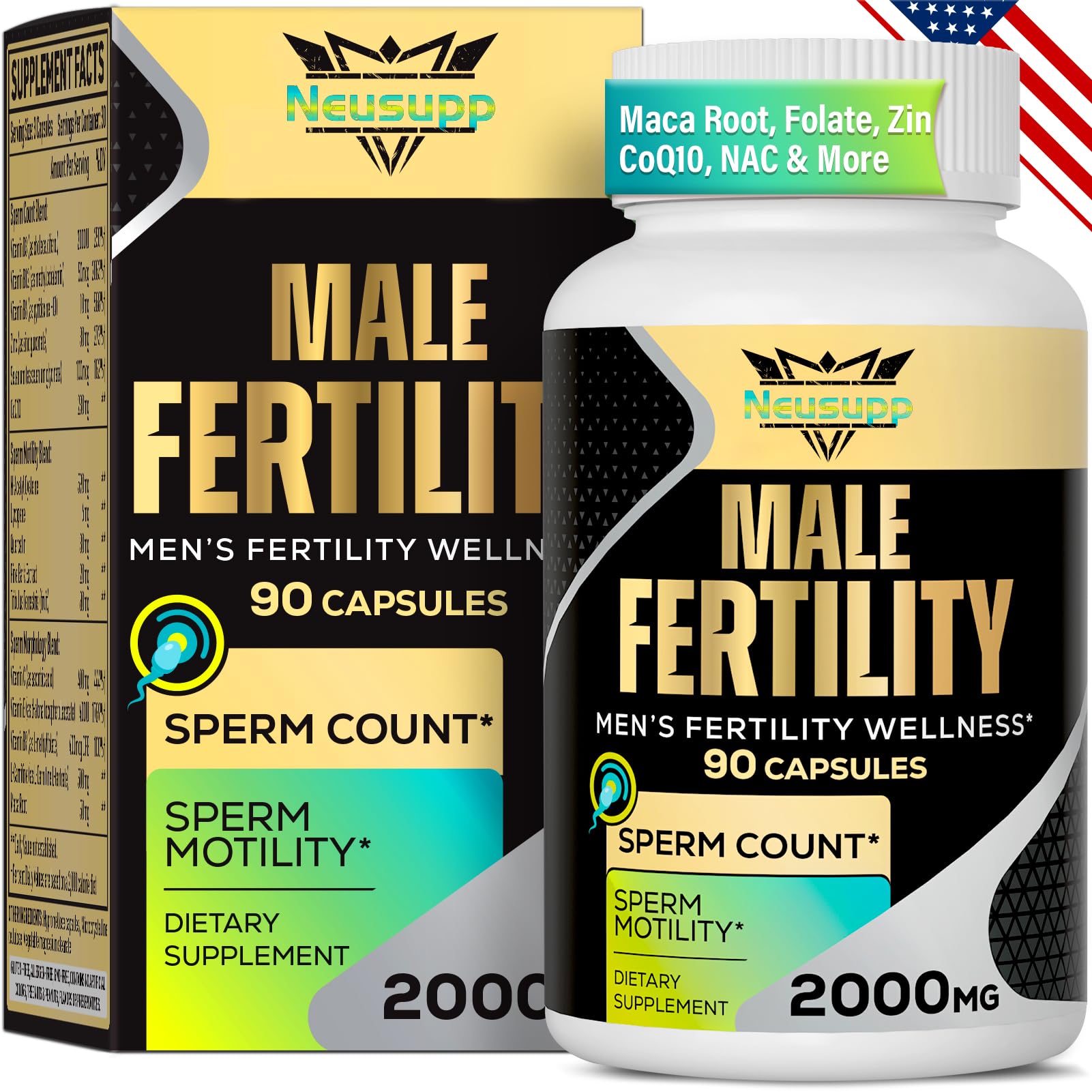 Neusupp Fertilidad, botella de cápsulas para vitalidad y salud reproductiva masculina.