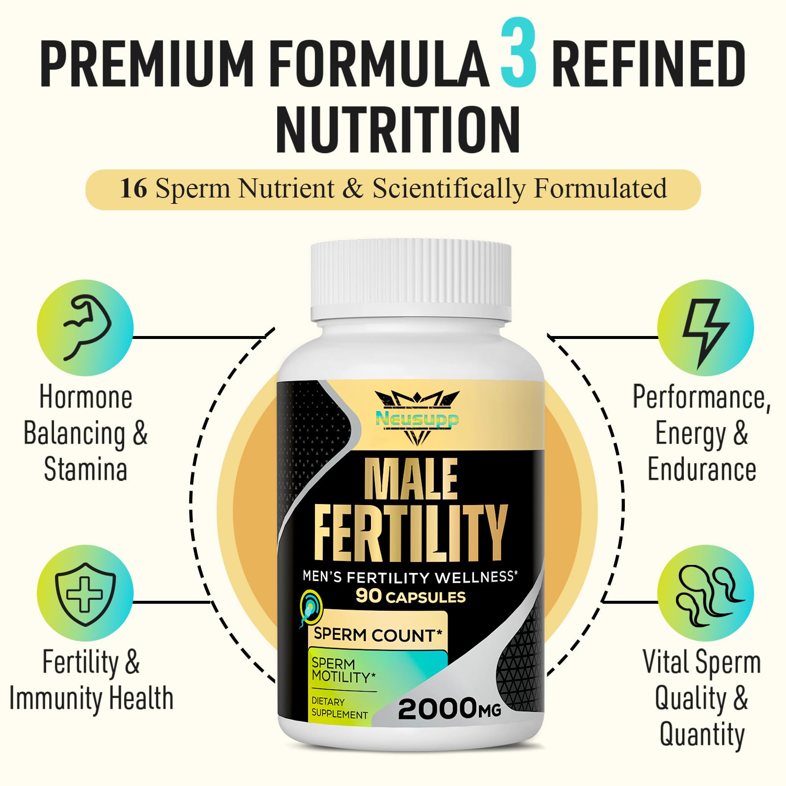 Neusupp Fertilidad, raíz de maca visible como componente natural de apoyo.