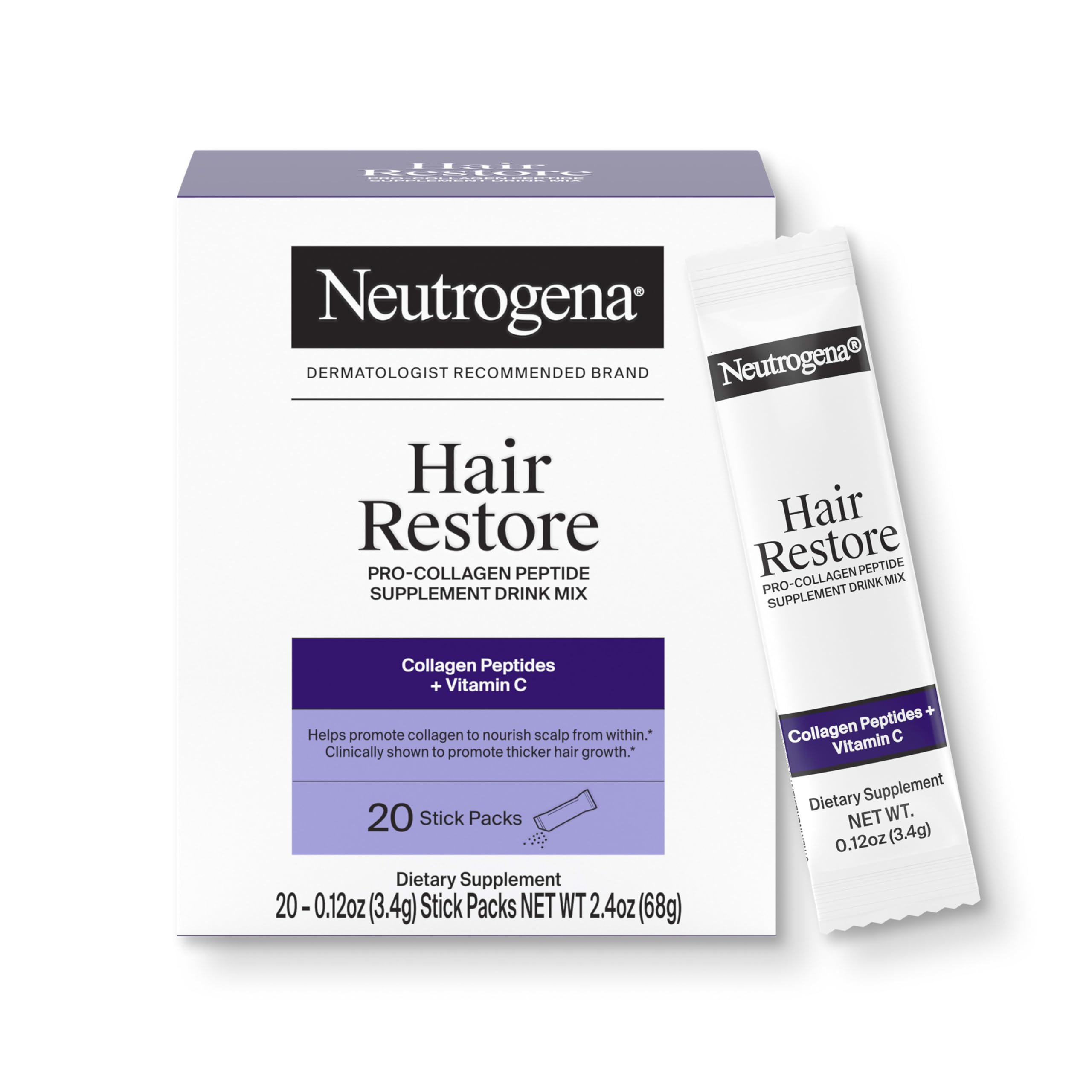 Neutrogena Hair Restore Pro-Collagen stick pack closeup para uso diario en bebidas