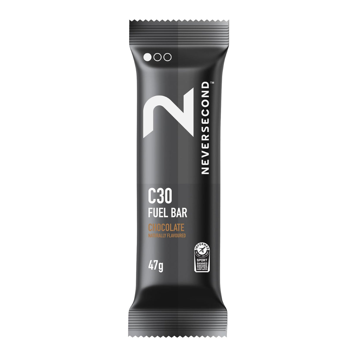 Barrita Neversecond C30 chocolate envuelta, energía rápida para entrenamientos de alta intensidad.