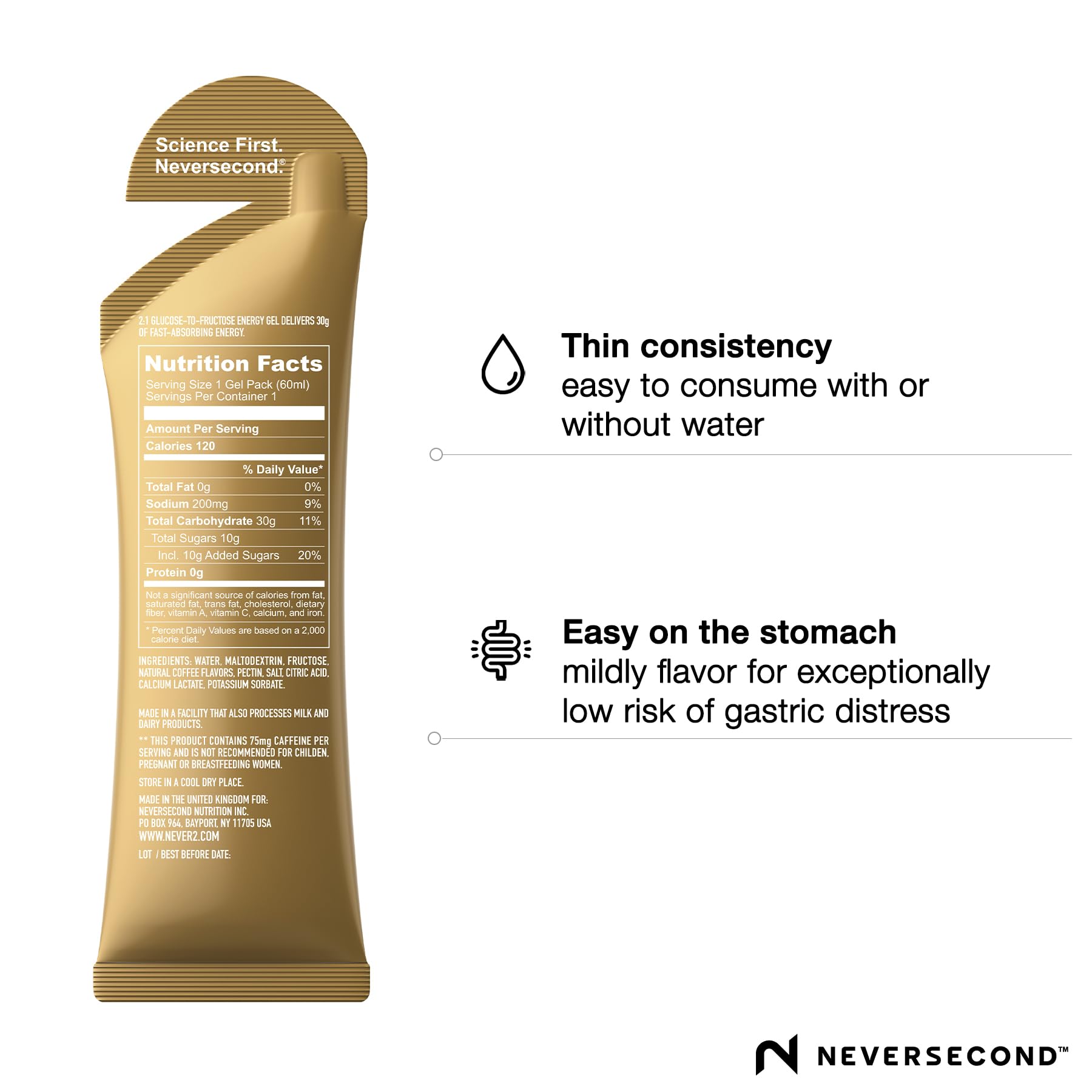 NeverSecond C30+ gel sabor a café paquete de 12 porciones para carreras