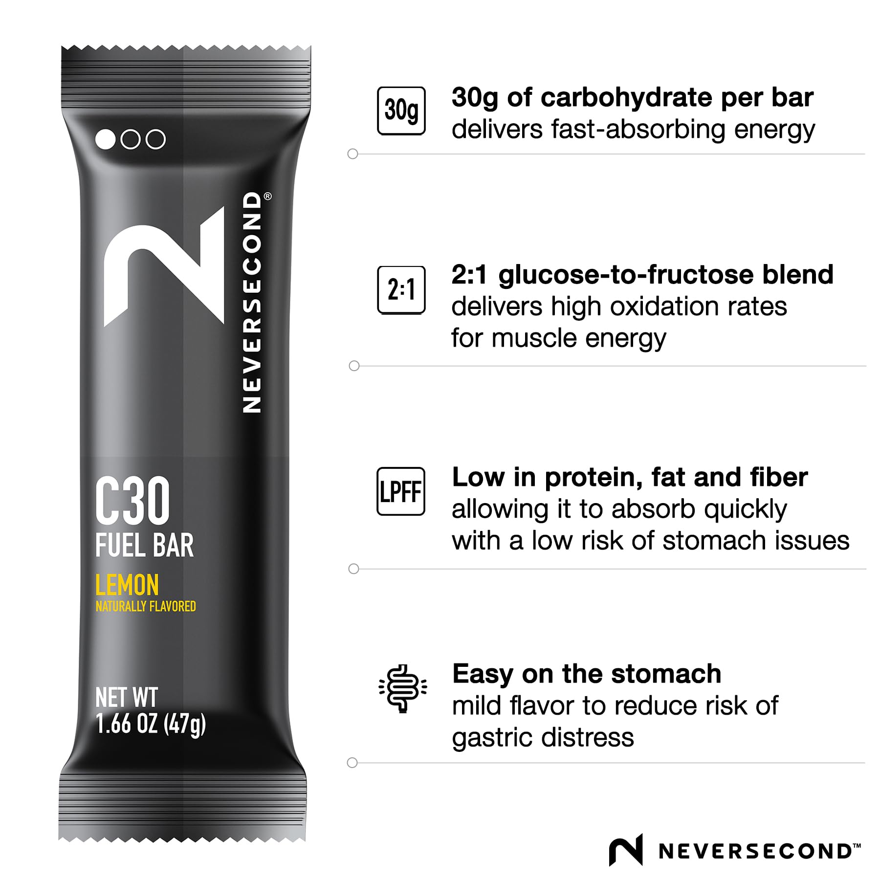 Neversecond C30 Fuel Bar 30 g de carbohidratos de absorción rápida para rendimiento