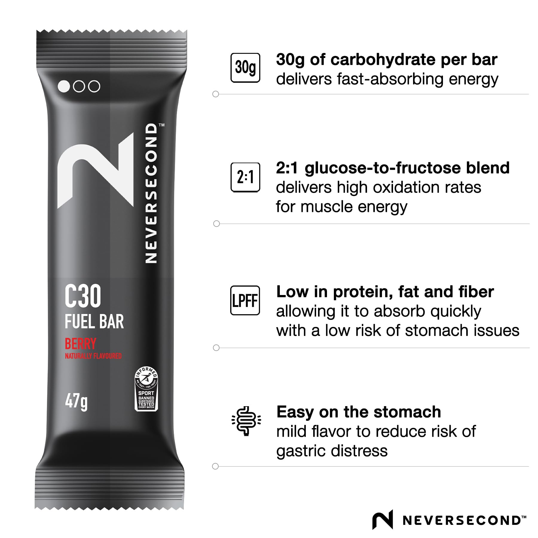 NeverSecond C30 Fuel Bar sabor frambuesa: ideal para ciclismo durante rutas largas.
