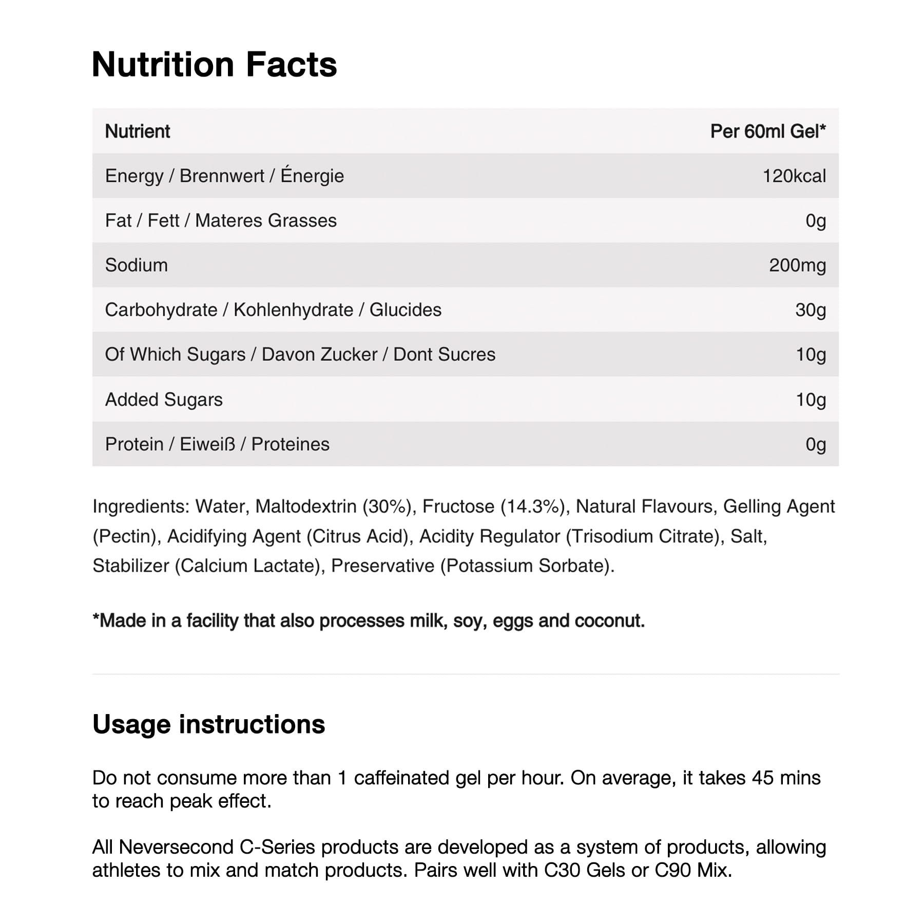 Neversecond C30+ gel energetico en pack de 12 porciones para nutrición en ruta