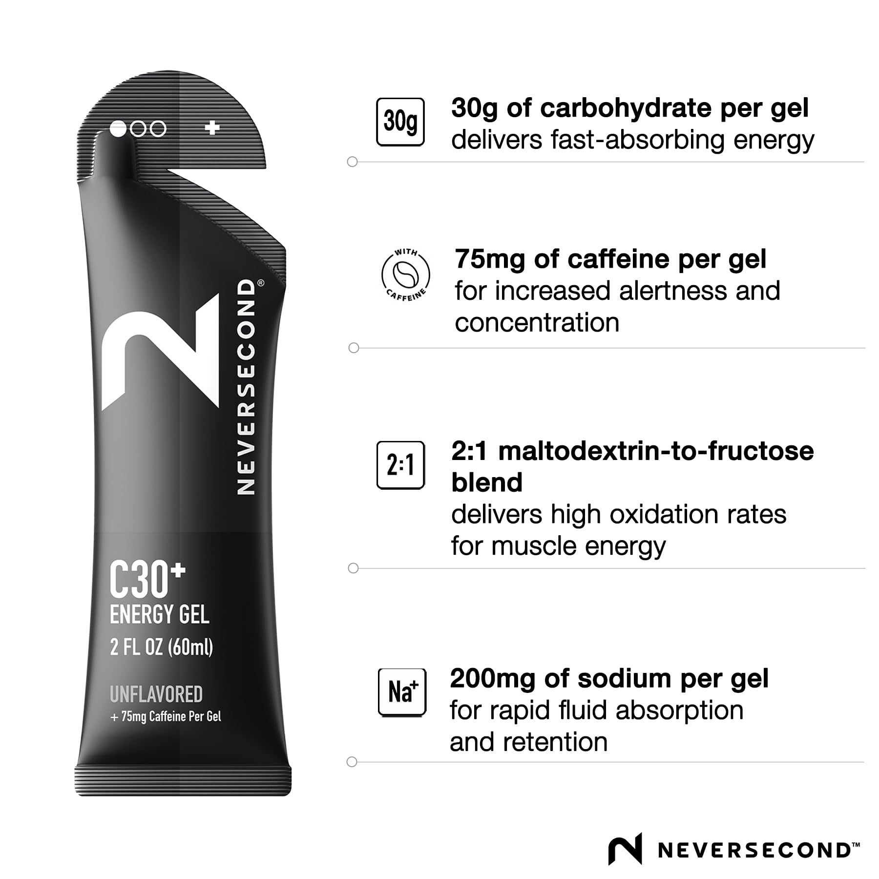 Neversecond C30+ gel energetico sin sabor opción neutra para entrenamiento prolongado