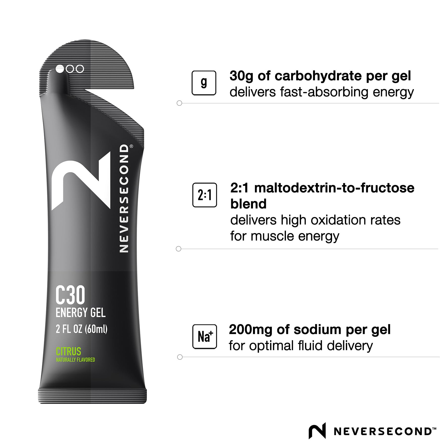 Neversecond C30 Gel energía citrus durante carrera, mantiene hidratación y electrolitos