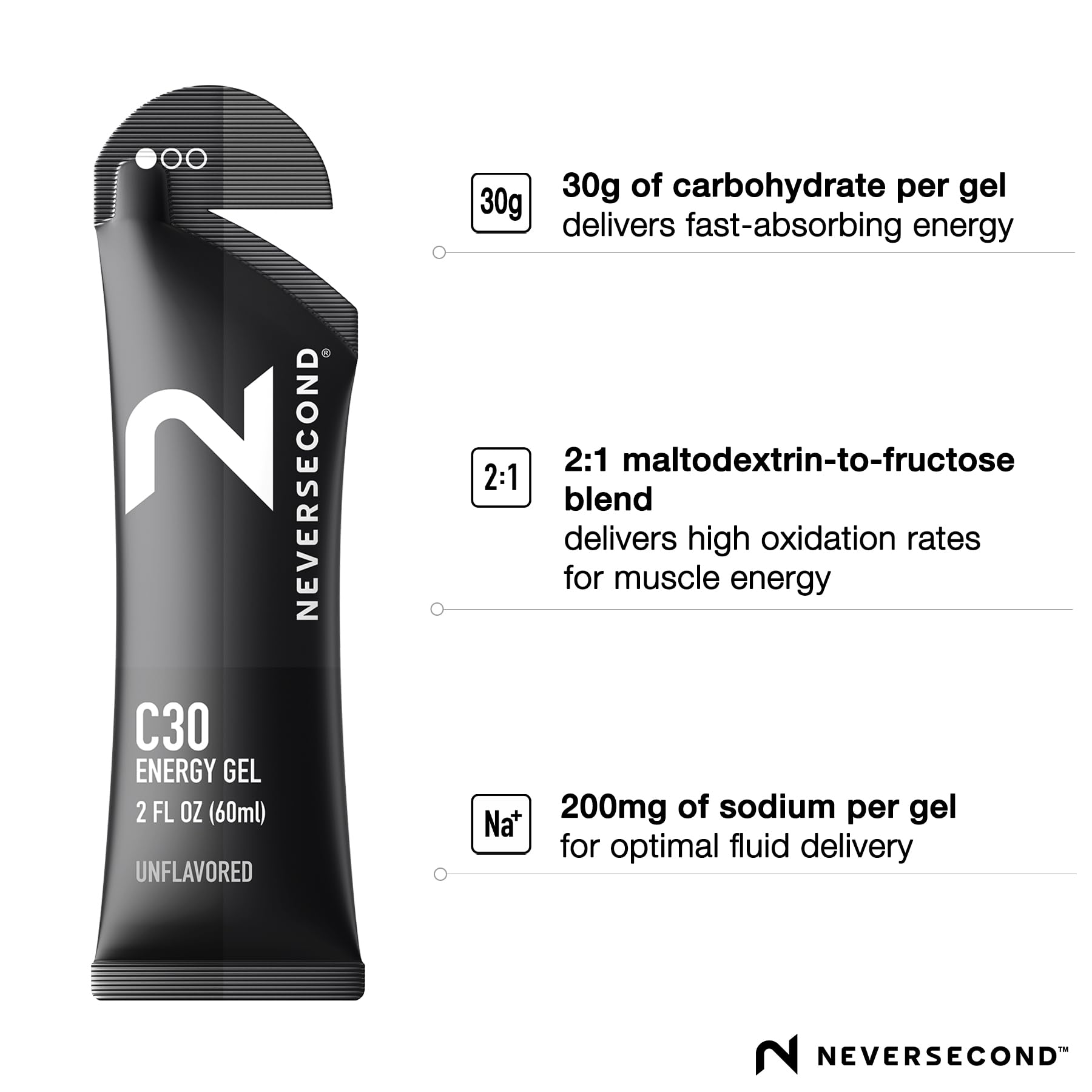 NeverSecond C30 Gel sin sabor, aporta 30 g de carbohidratos para energía sostenida.