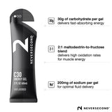 NeverSecond C30 Gel sin sabor, aporta 30 g de carbohidratos para energía sostenida.