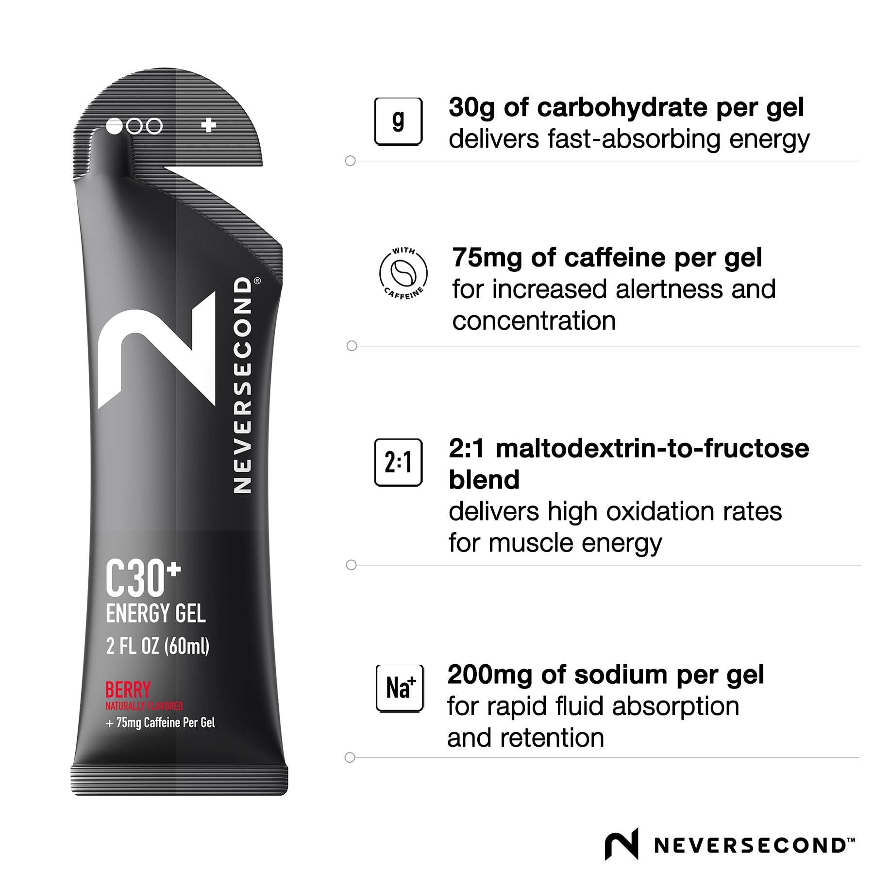 Neversecond C30+ gel energético con cafeína para mantener la concentración en competición.