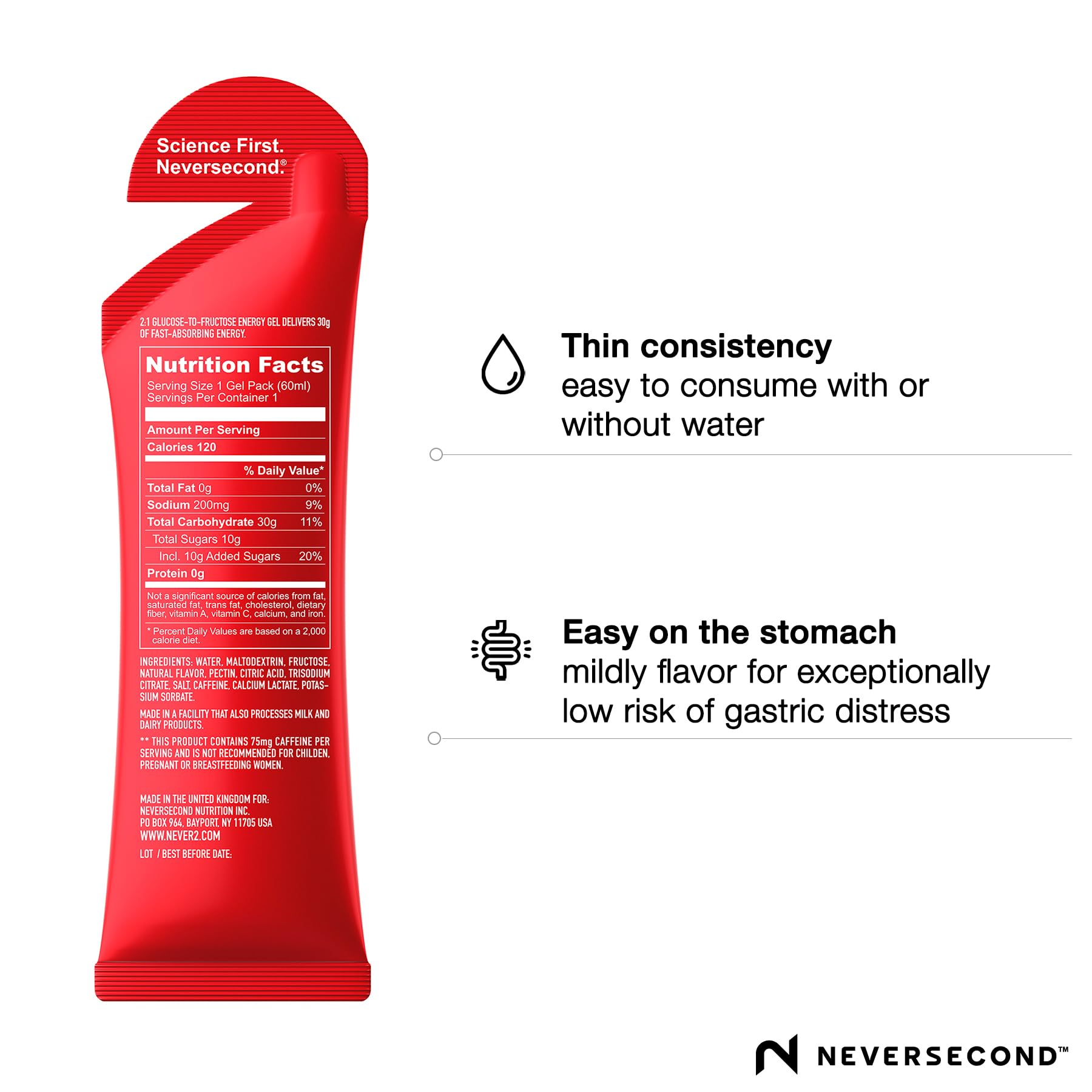 Neversecond C30+ gel energético con sodio para hidratación rápida durante ejercicio.