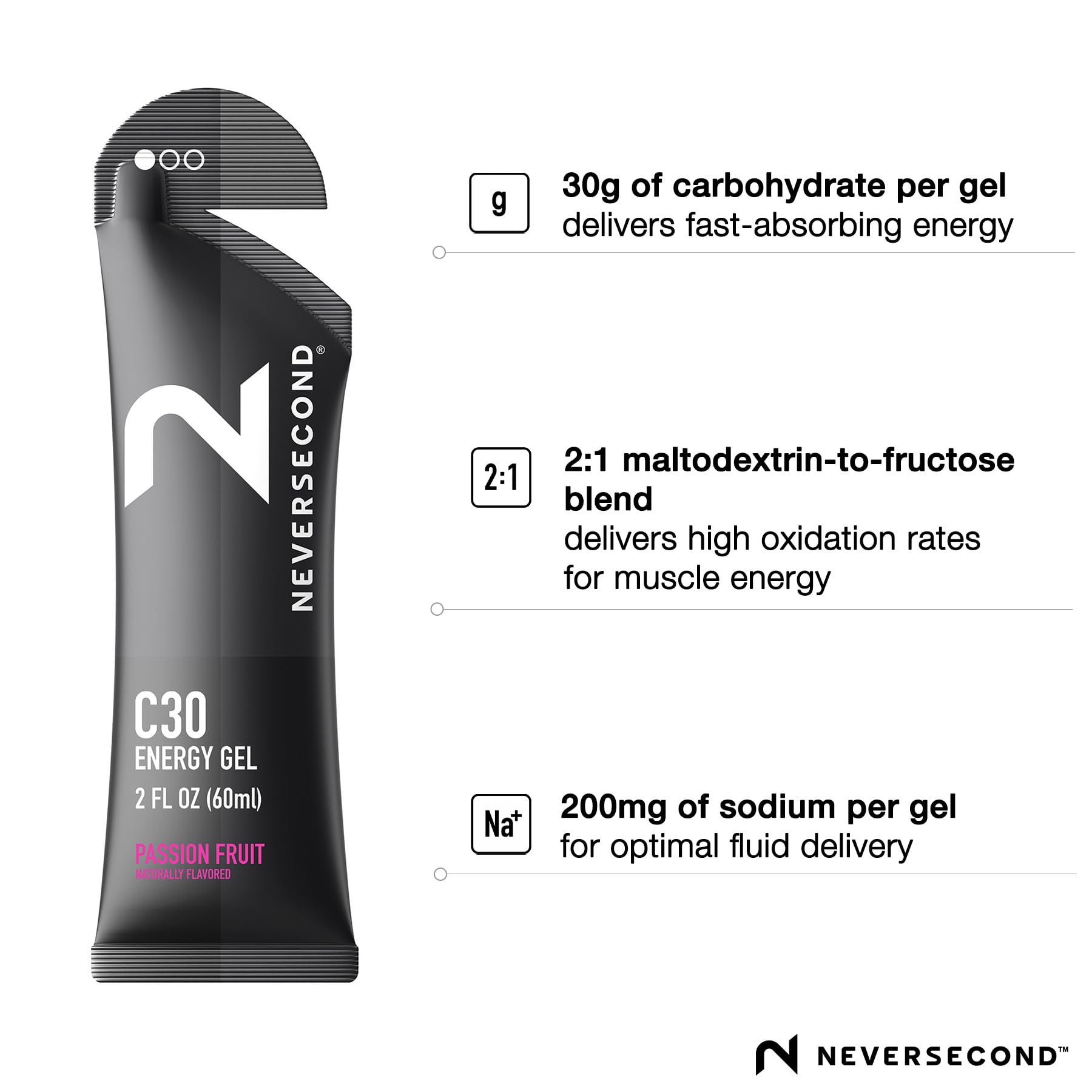 Neversecond Gel Energético C30, sabor natural sin colorantes artificiales