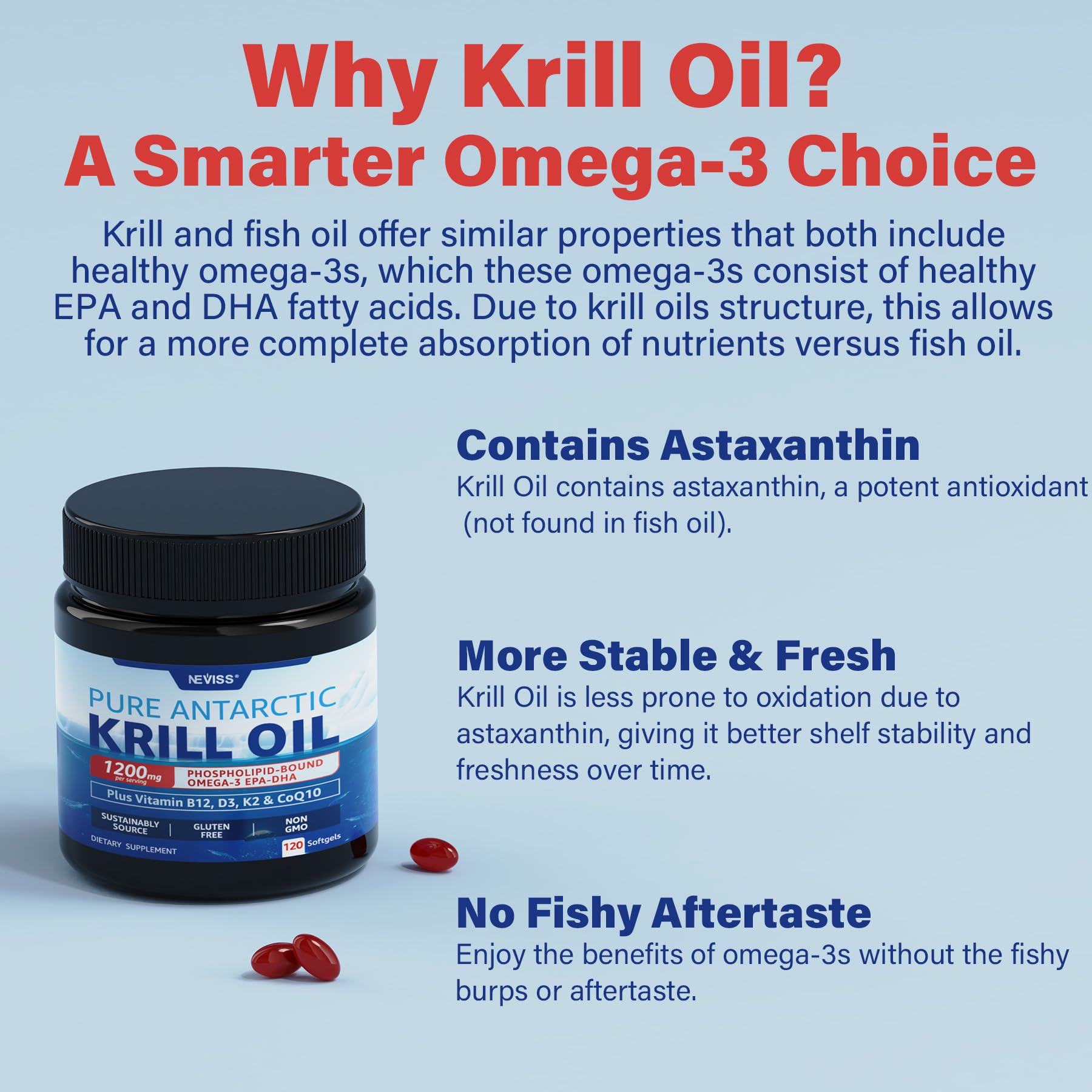 NEVISS Aceite Krill Antártico producto de captura silvestre para uso diario.