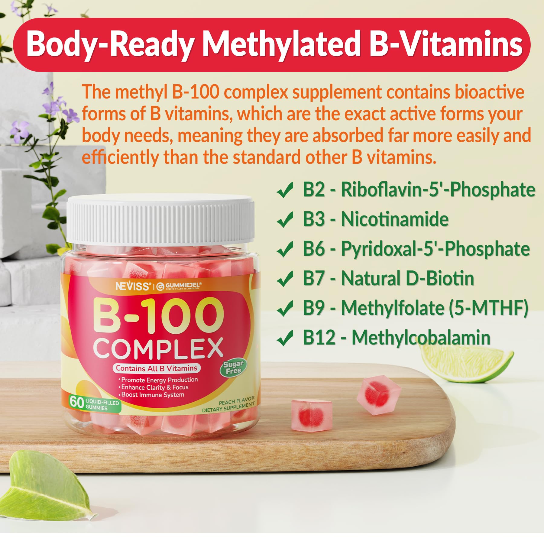 NEVISS B Complex Gummies sabor frutal, snack saludable.