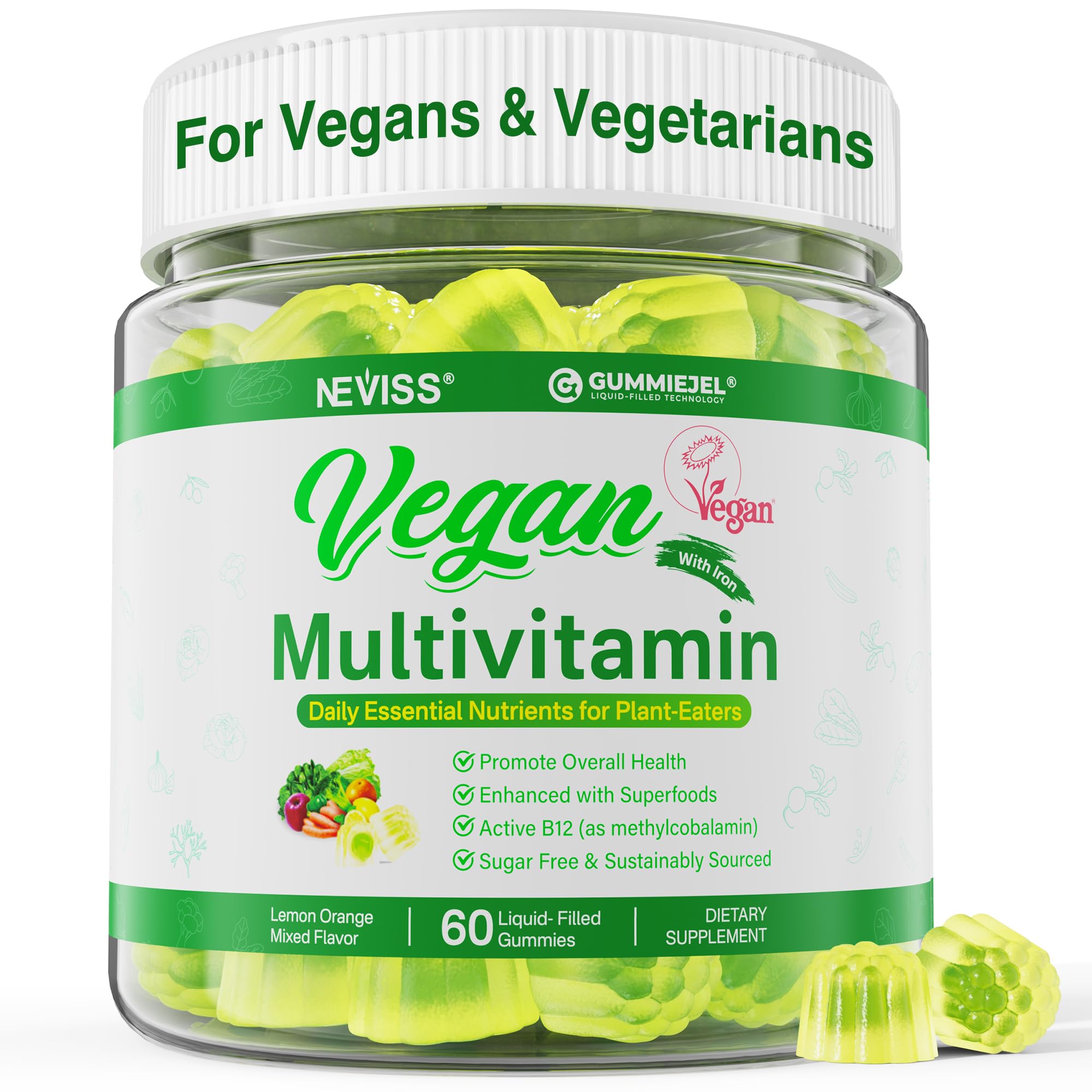 NEVISS Balance: botella vertiendo dosis diarias para rutina vegana.