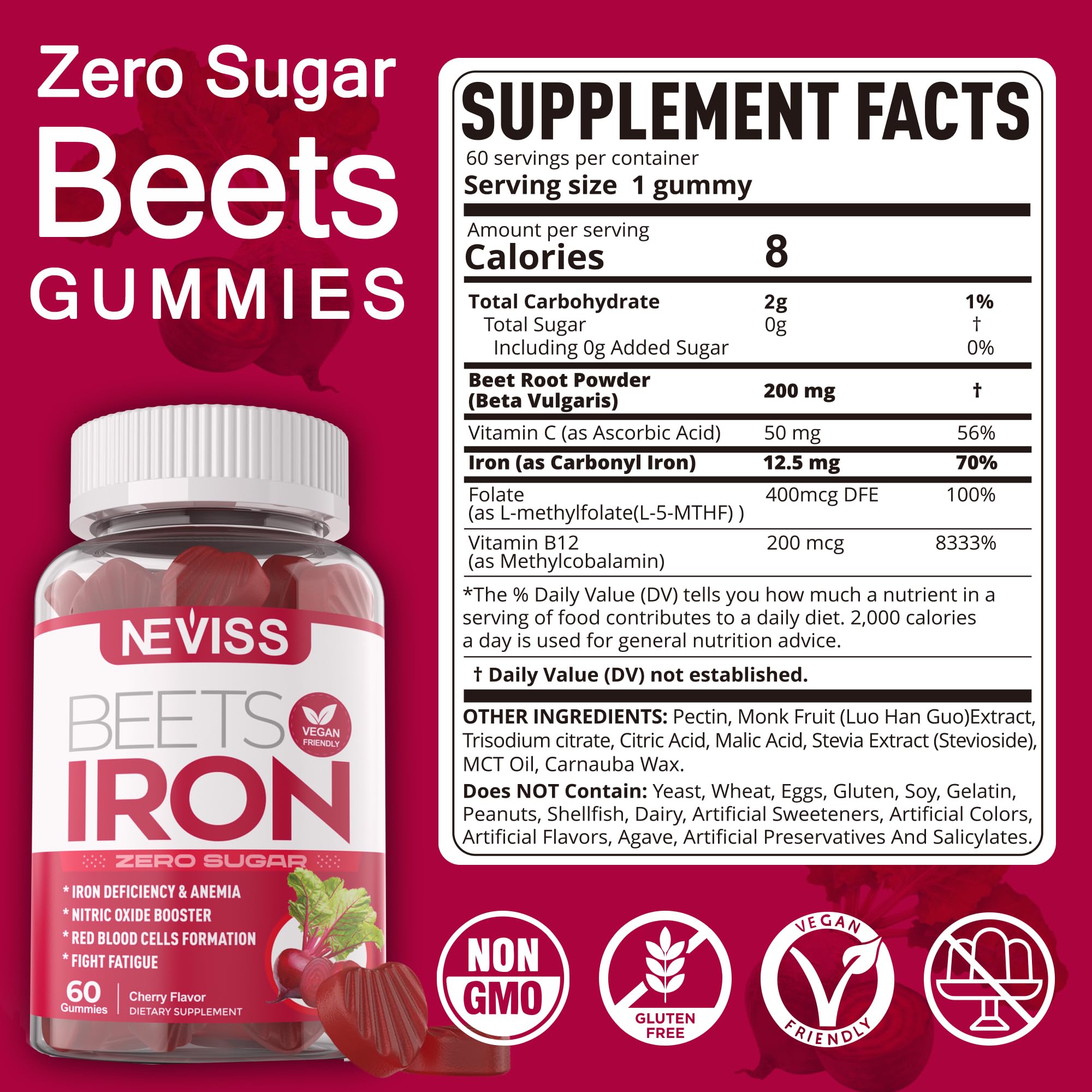 NEVISS Beet Root Gummies etiqueta nutricional, muestra el aporte de hierro y vitaminas.