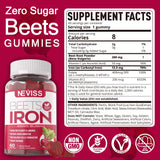 NEVISS Beet Root Gummies etiqueta nutricional, muestra el aporte de hierro y vitaminas.