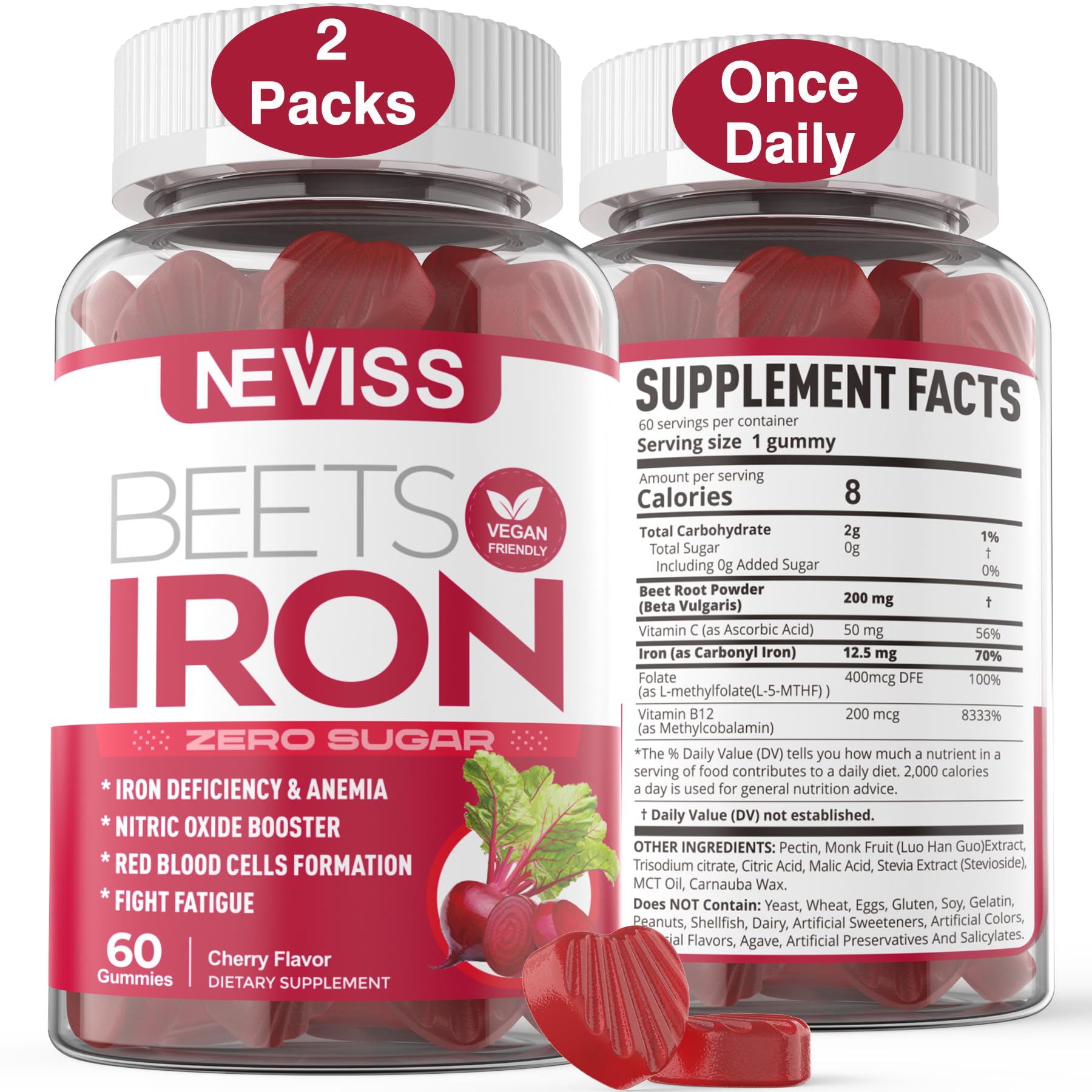 NEVISS Beet Root Gummies frasco frente, apoyo a la energía diaria.