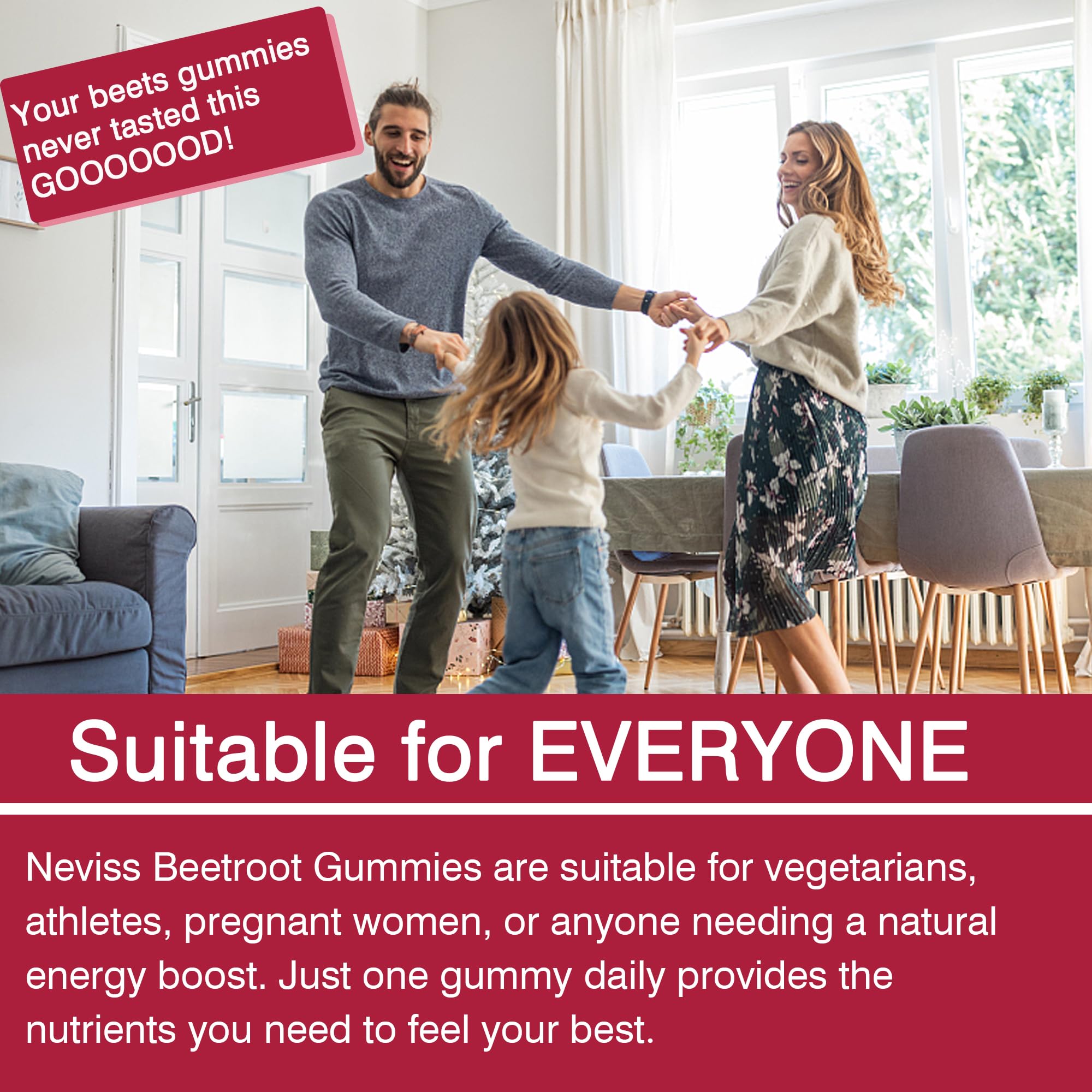 NEVISS Beet Root Gummies ingredientes clave, hierro y vitamina C presentes.