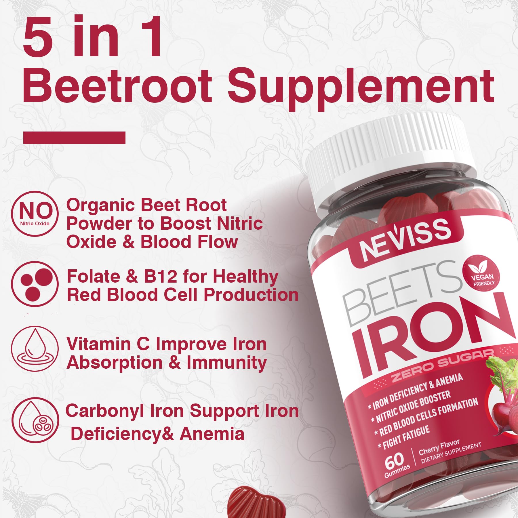 NEVISS Beet Root Gummies textura gomosa, sabor suave y agradable.