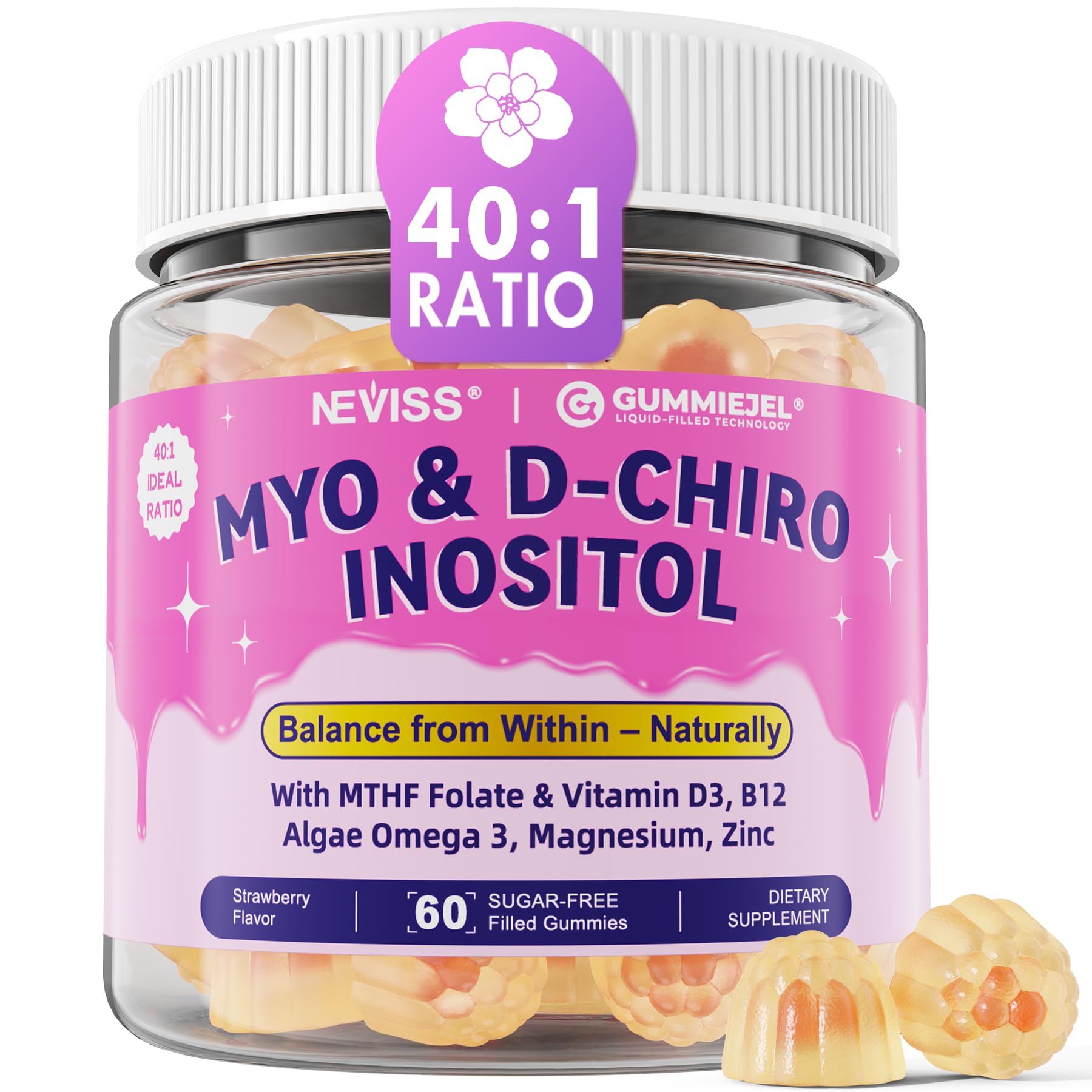 Botella de NEVISS con gomitas myo-inositol y d-chiro para equilibrio hormonal.