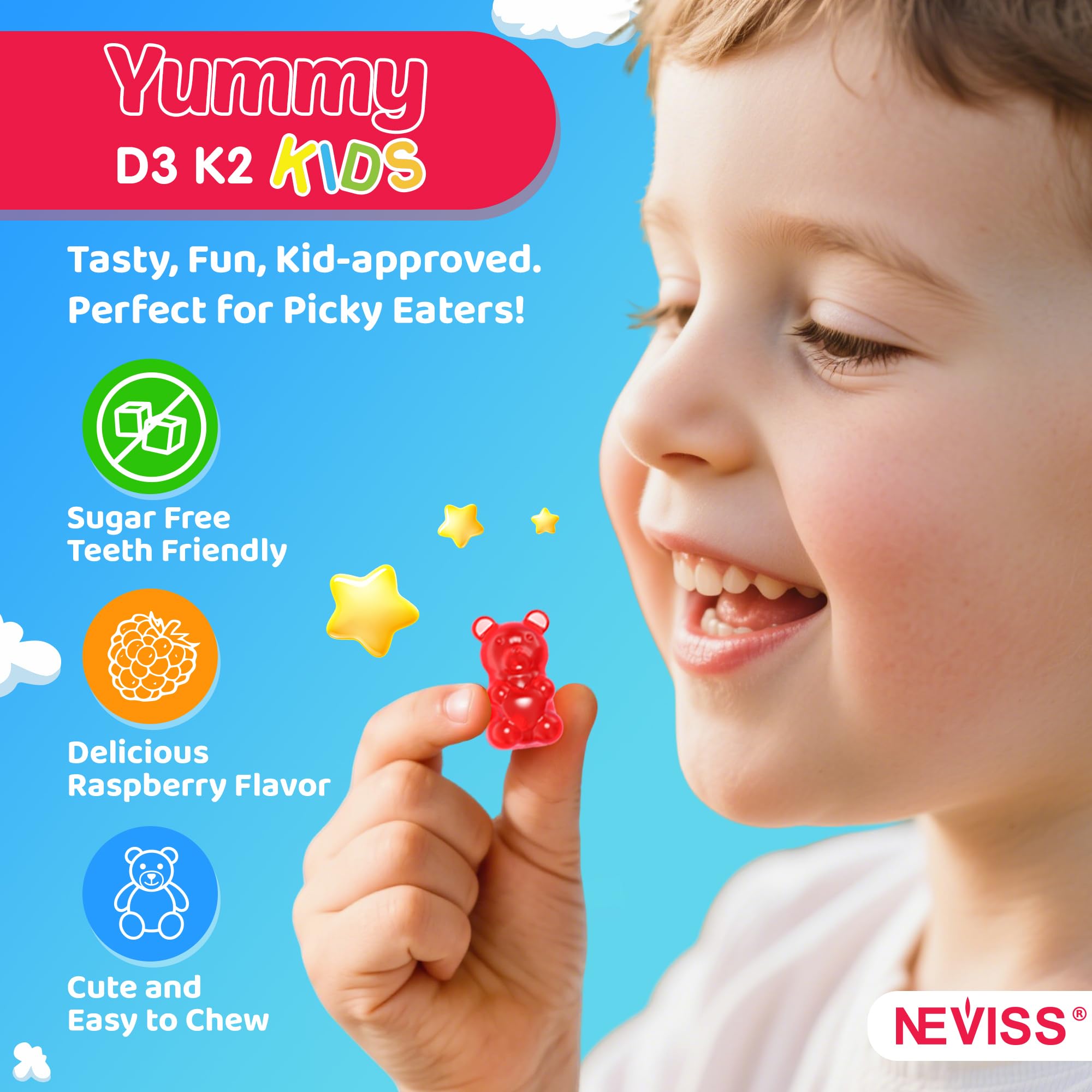 NEVISS gomitas para niños, enfoque bienestar diario, complemento práctico para días activos.