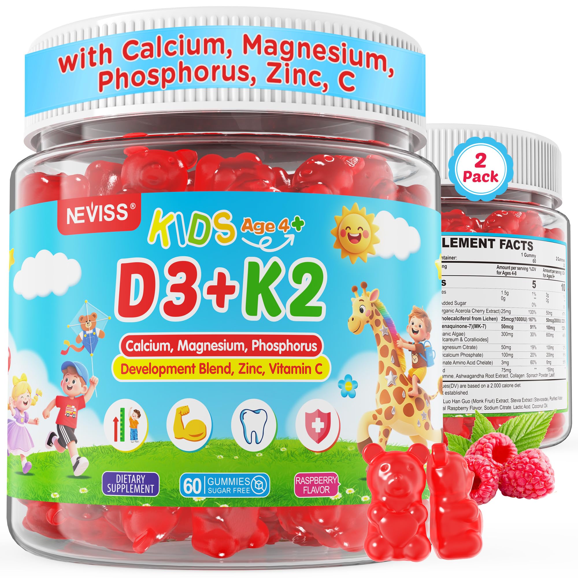NEVISS gomitas D3 K2 para niños, enfoque bote, apoyo diario a huesos y dientes.