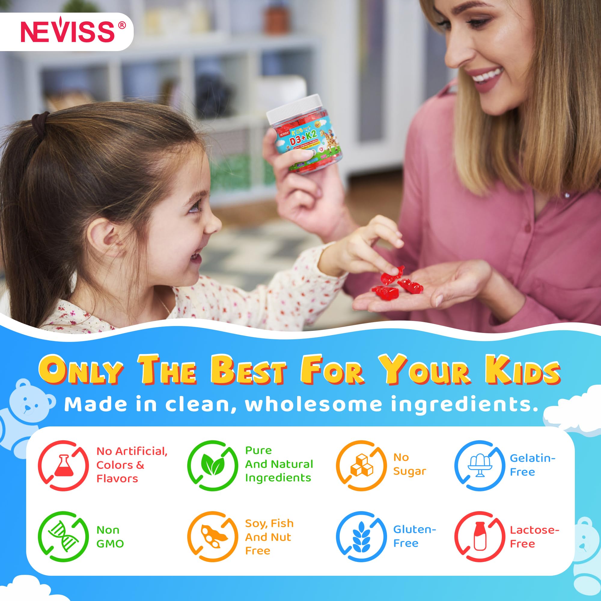 NEVISS gomitas para niños, enfoque dos paquetes, ahorro y conveniencia familiar.