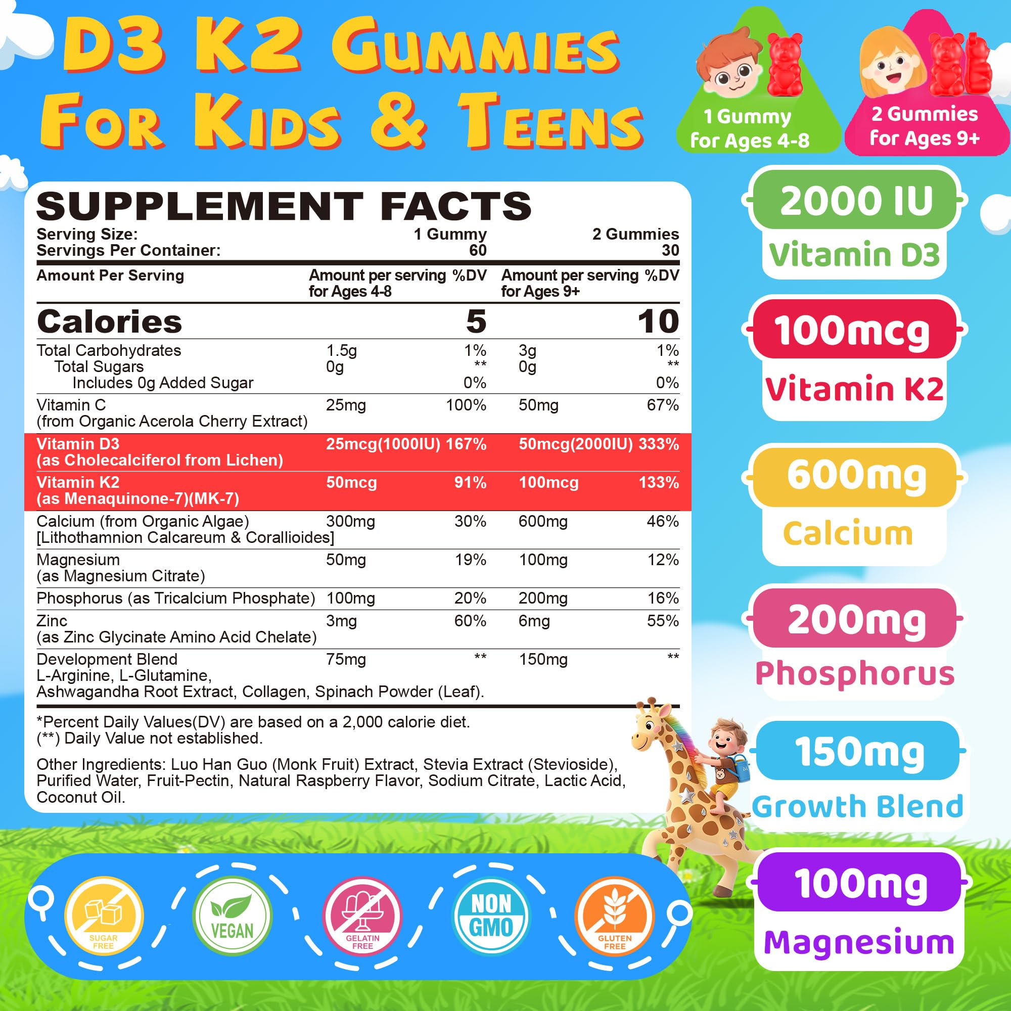 NEVISS gomitas D3 K2 sabor frambuesa, enfoque sabor-frambuesa, opción atractiva para niños.