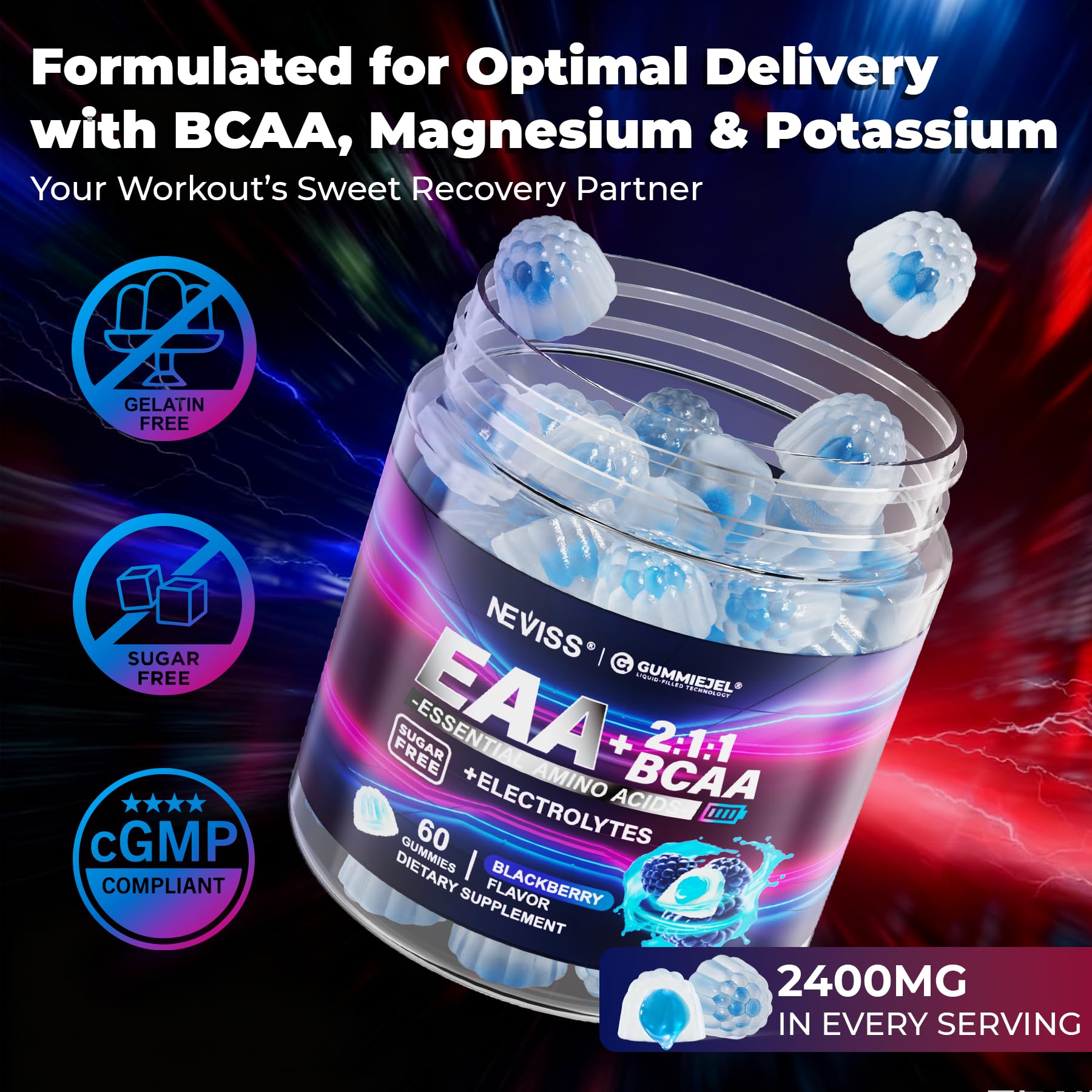 NEVISS EAA Gummies, aroma a frambuesa, experiencia sensorial agradable