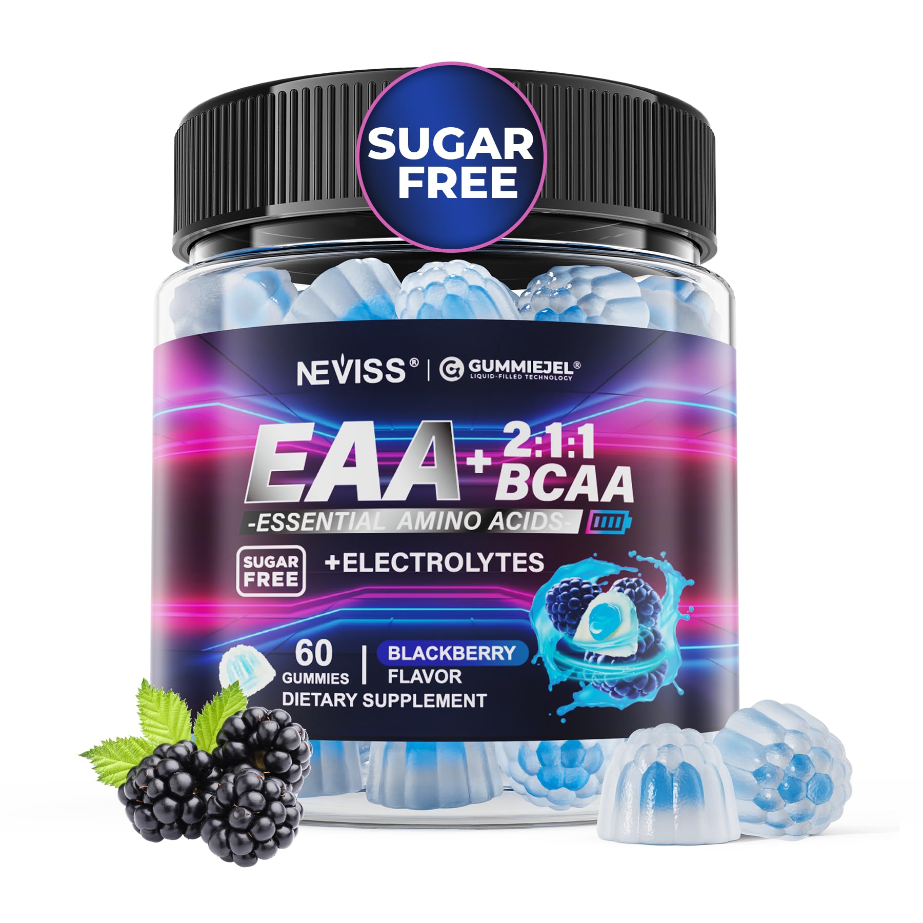 NEVISS EAA Gummies, botella frambuesa, apoyo práctico para energía diaria