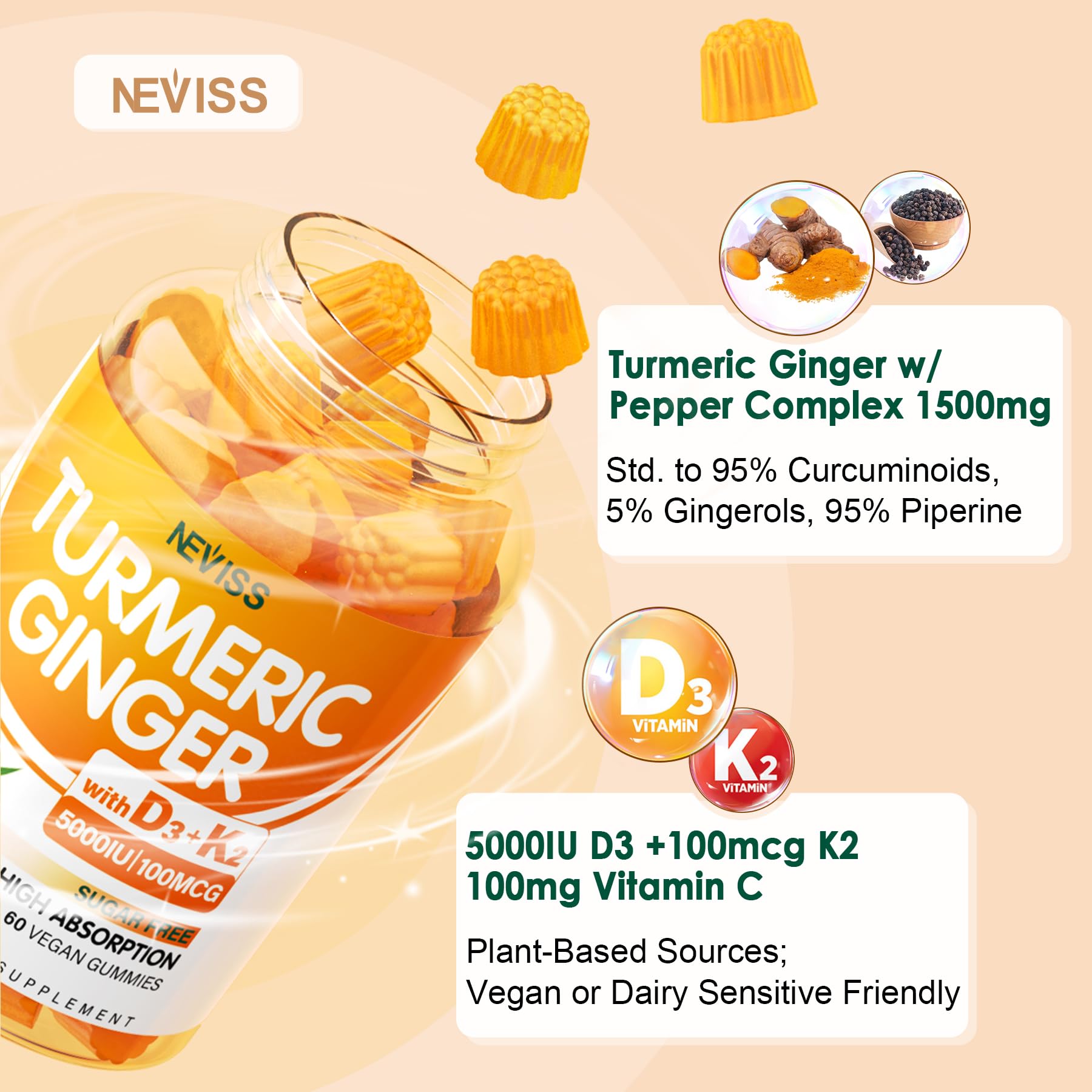 NEVISS etiqueta D3 K2 en gomitas resaltando nutrientes