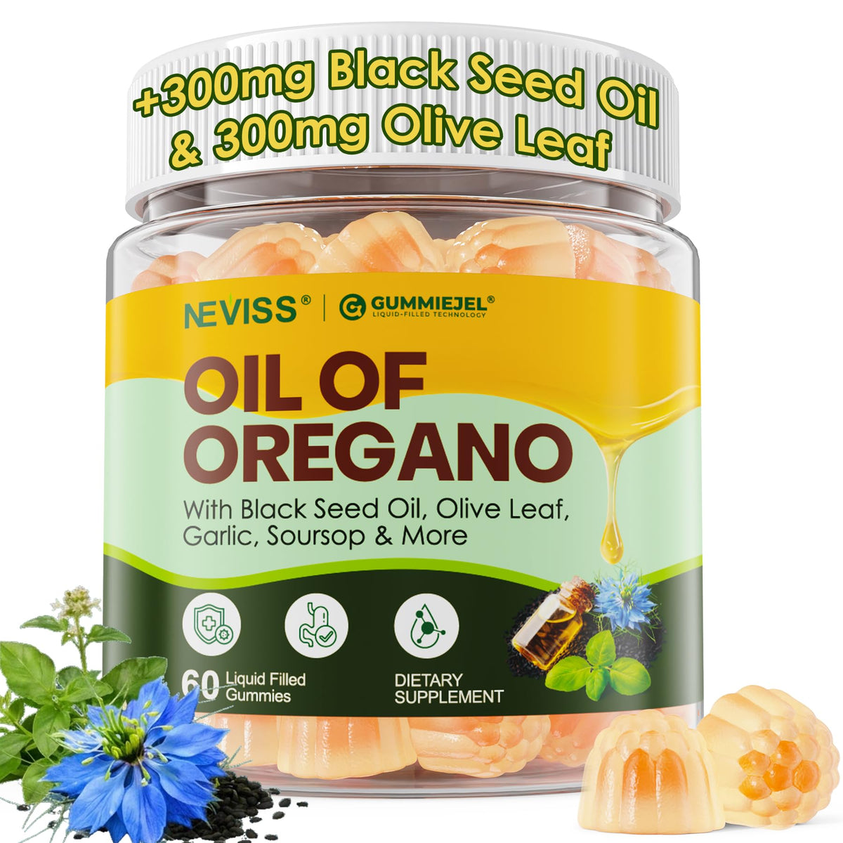 NEVISS gominolas de aceite de orégano en botella, sabor agradable para el consumo diario.