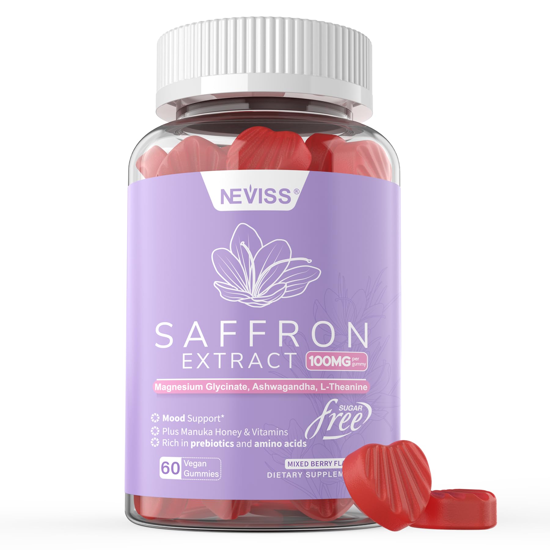 NEVISS gominolas de azafrán 100 mg, envase práctico para consumo diario.