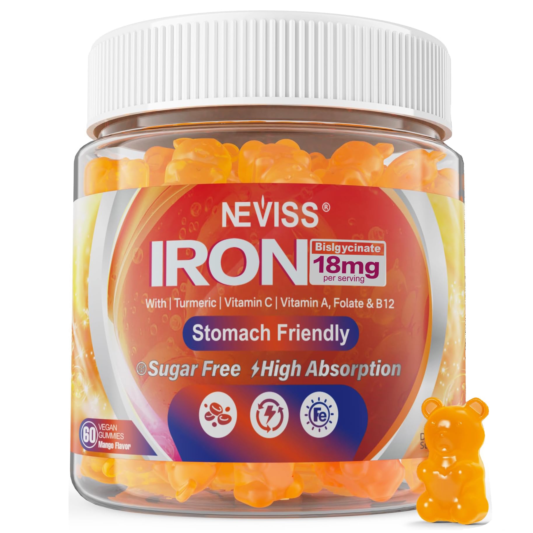 NEVISS gominolas de hierro vegano 18 mg para apoyo diario de energía.