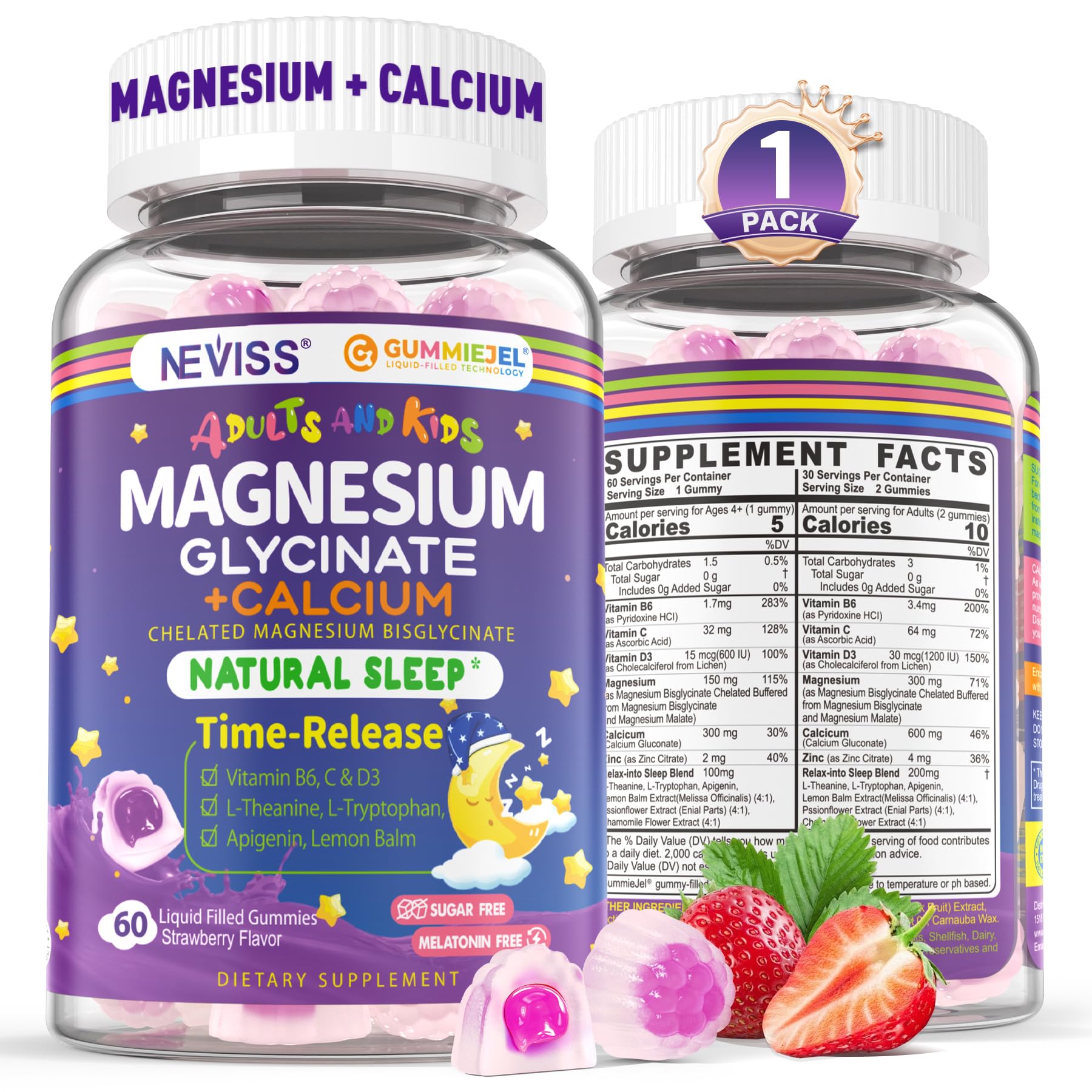 NEVISS gominola magnesio-calcio con relleno sabor fresa, foco en el interior