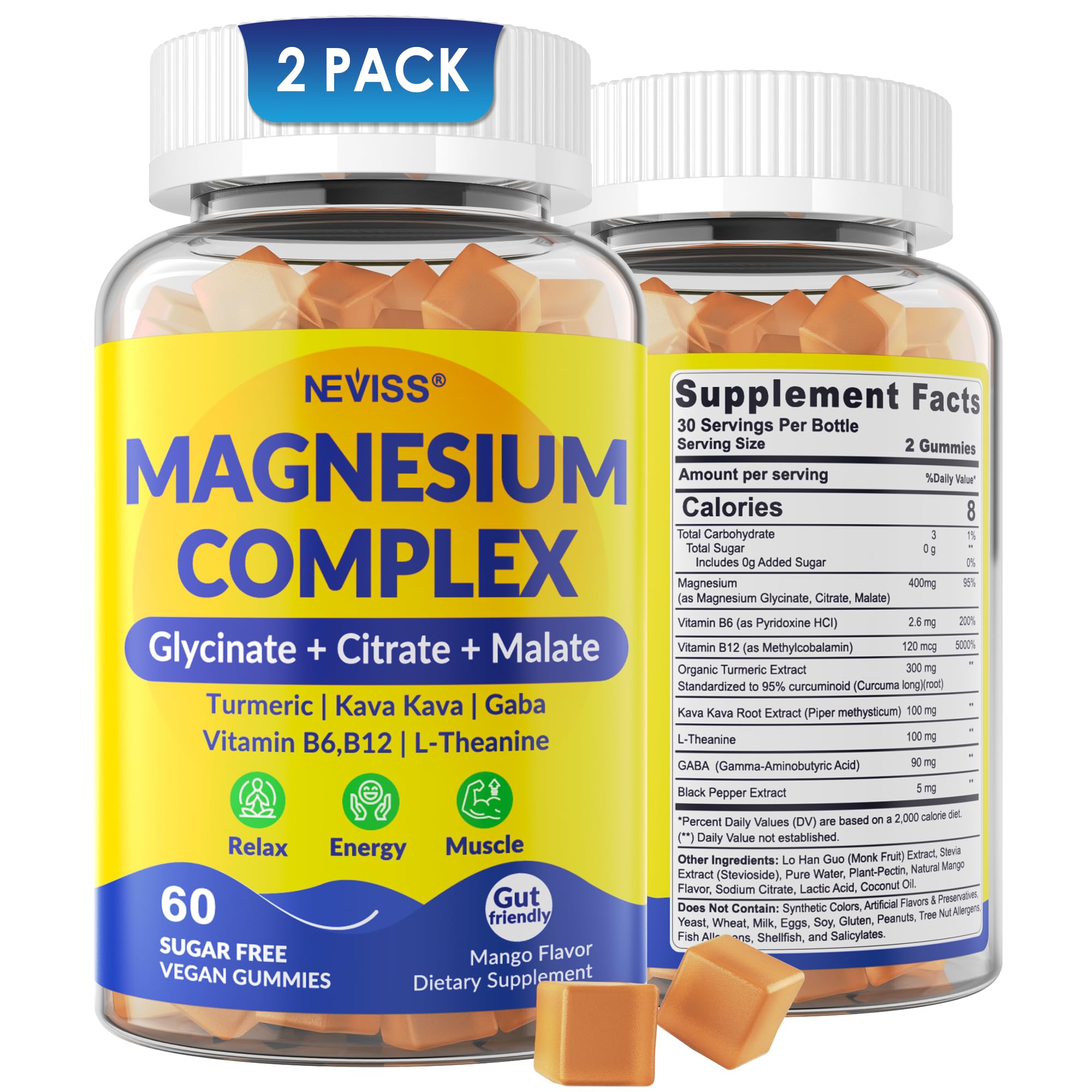 NEVISS gominolas magnesio complejo 400 mg, frente a la botella, promueve calma.