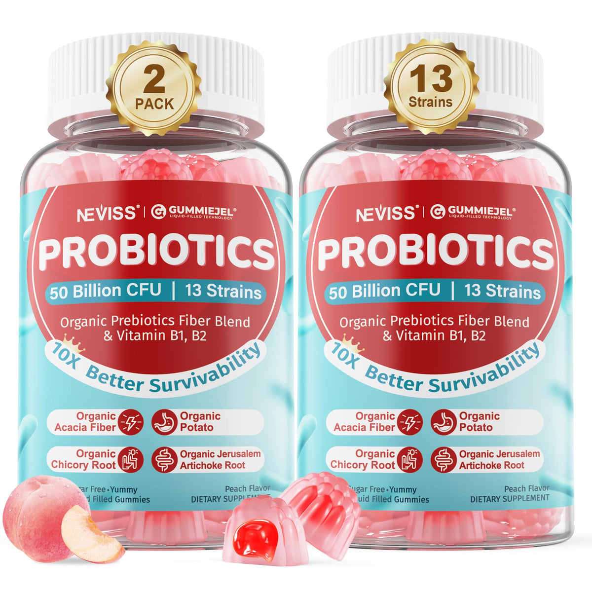 Neviss gominolas probióticas durazno para apoyo digestivo diario.