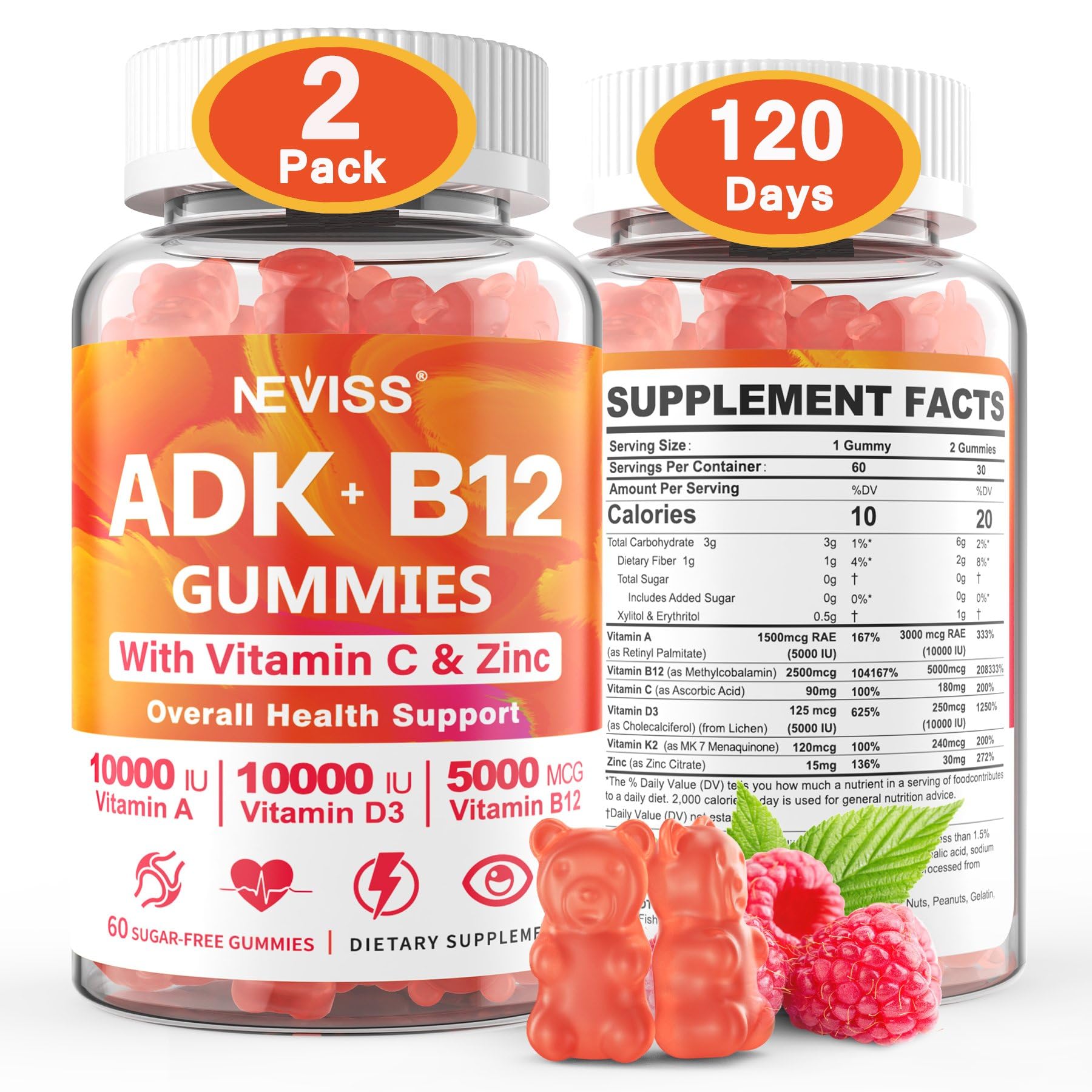 NEVISS gominas ADK-B12 frasco con sabor frambuesa sin azúcar