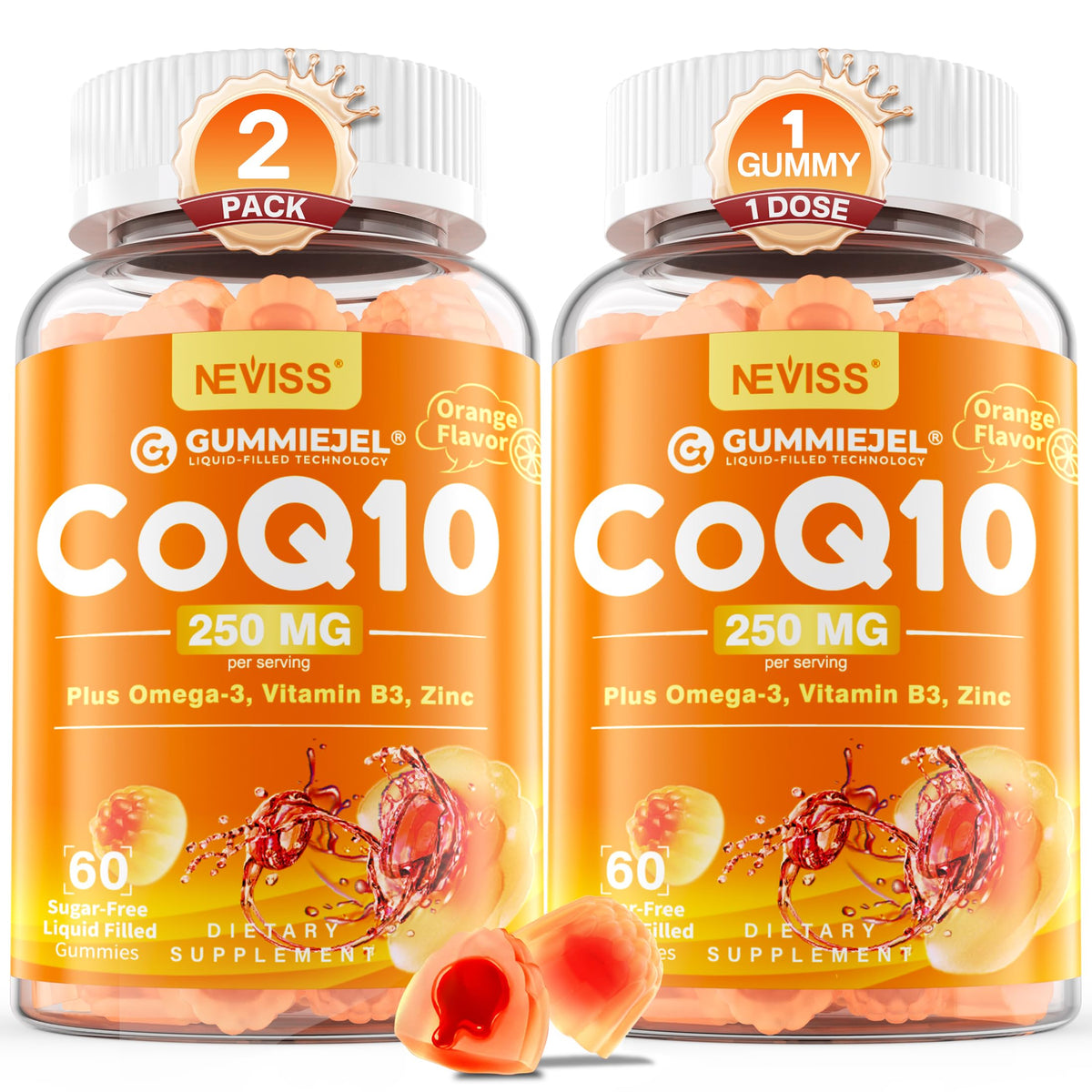 NEVISS gomitas CoQ10 sin azúcar, sabor naranja, para energía diaria